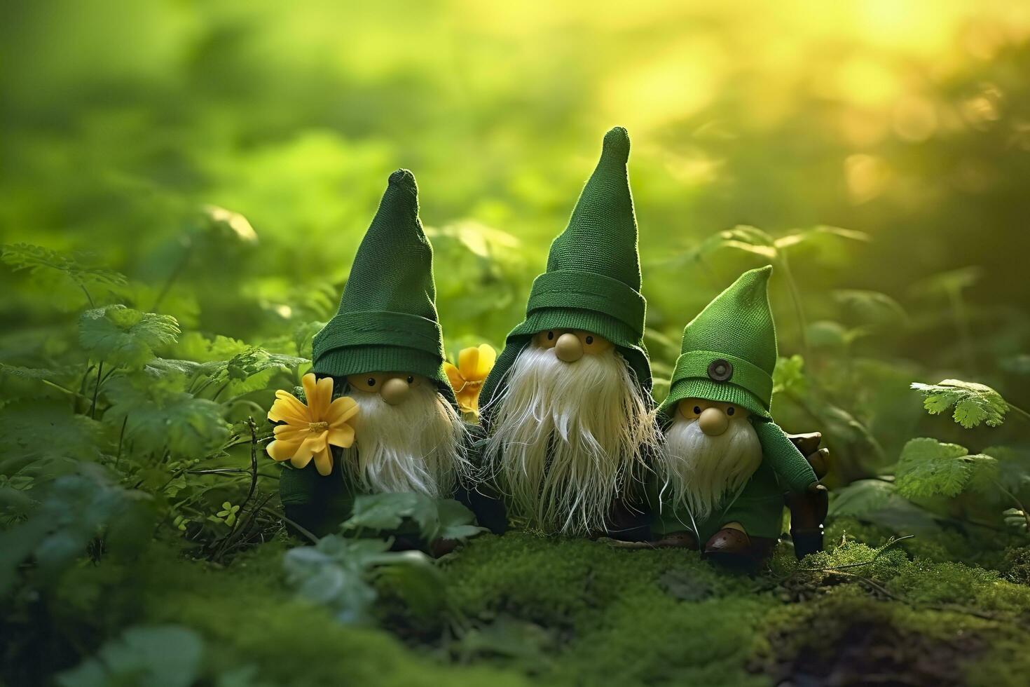 AI generated Toy Irish gnomes in a mystery forest, abstract green natural background. Generative AI photo