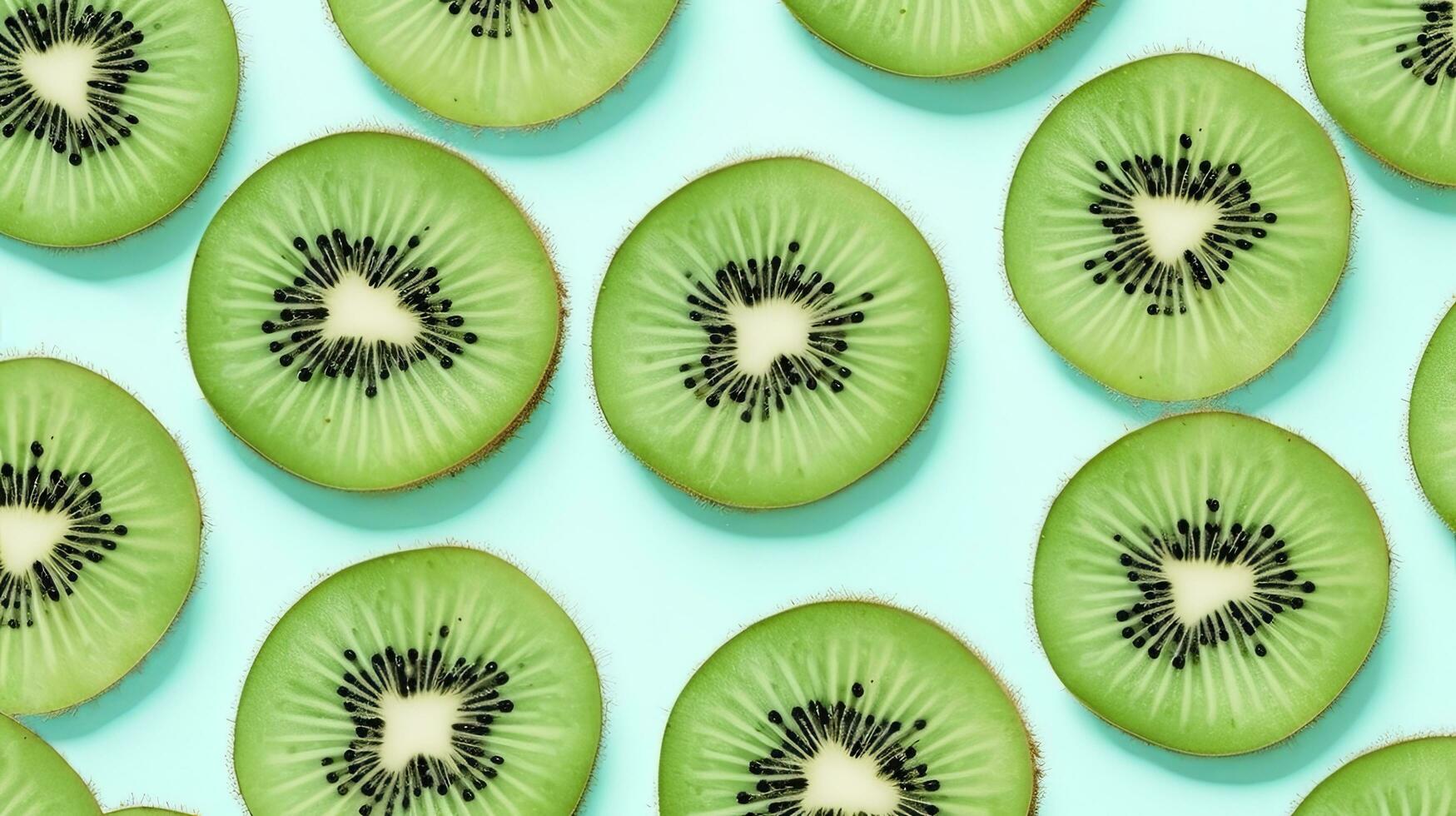 AI generated Slices of kiwi fruit and green mint leaves on a light pastel blue background. AI Generated photo