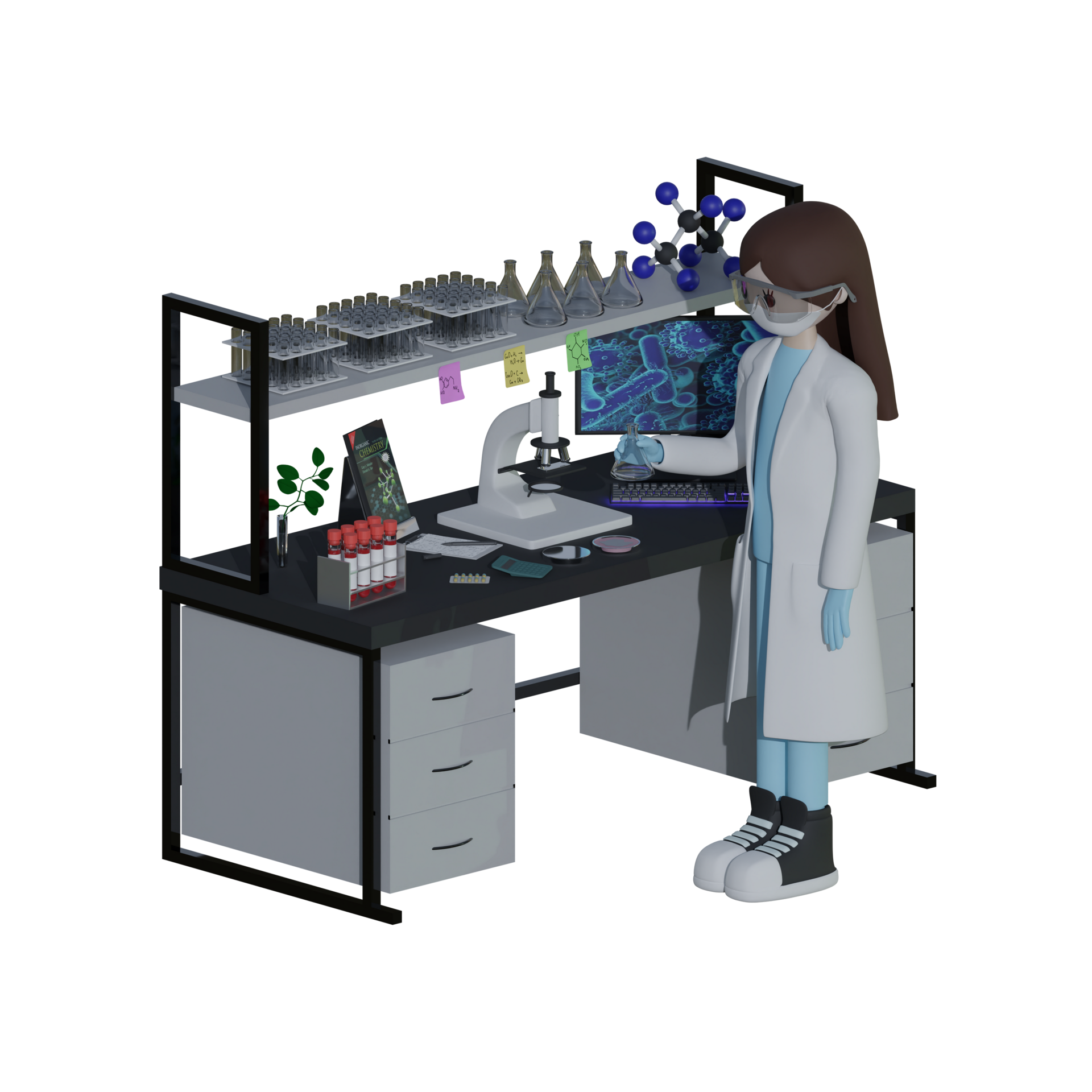 Isometric scientific laboratory equipment with the microscope and