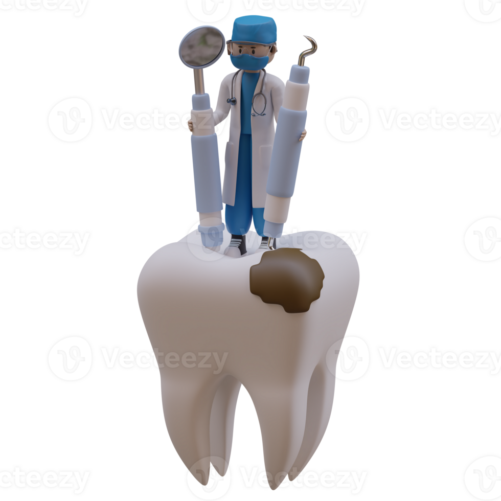 3d illustration of dentist with stomatology tools and dental caries png