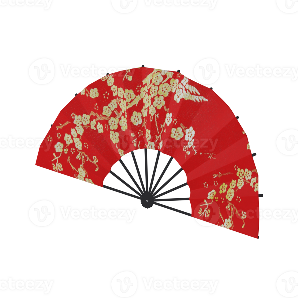A red fan with a floral pattern 3d icon isolated png