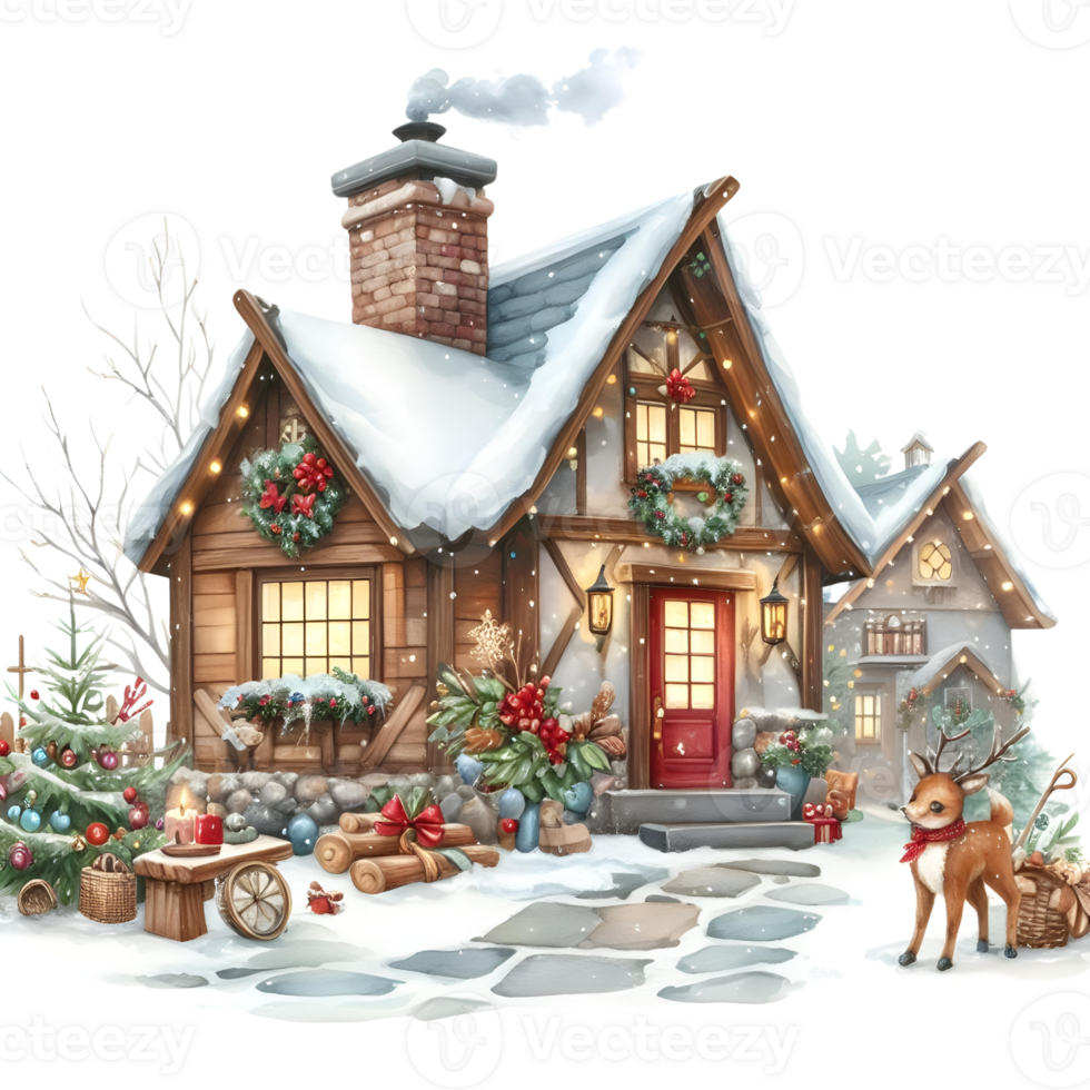AI generated Christmas gingerbread house with red ribbon and gift box. png