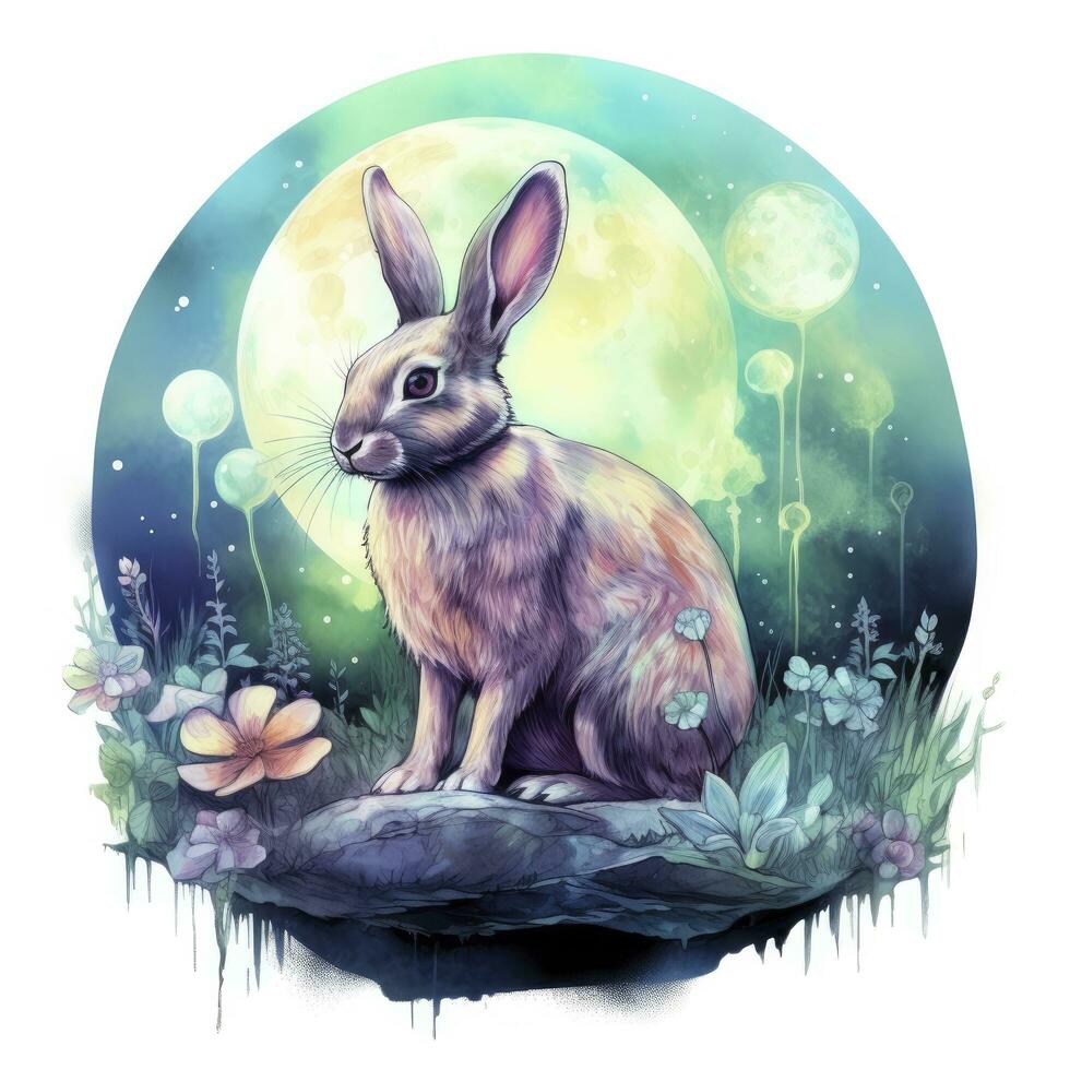 AI generated Watercolor Rabbit and Glowing Moon for T-shirt Design. AI Generated photo