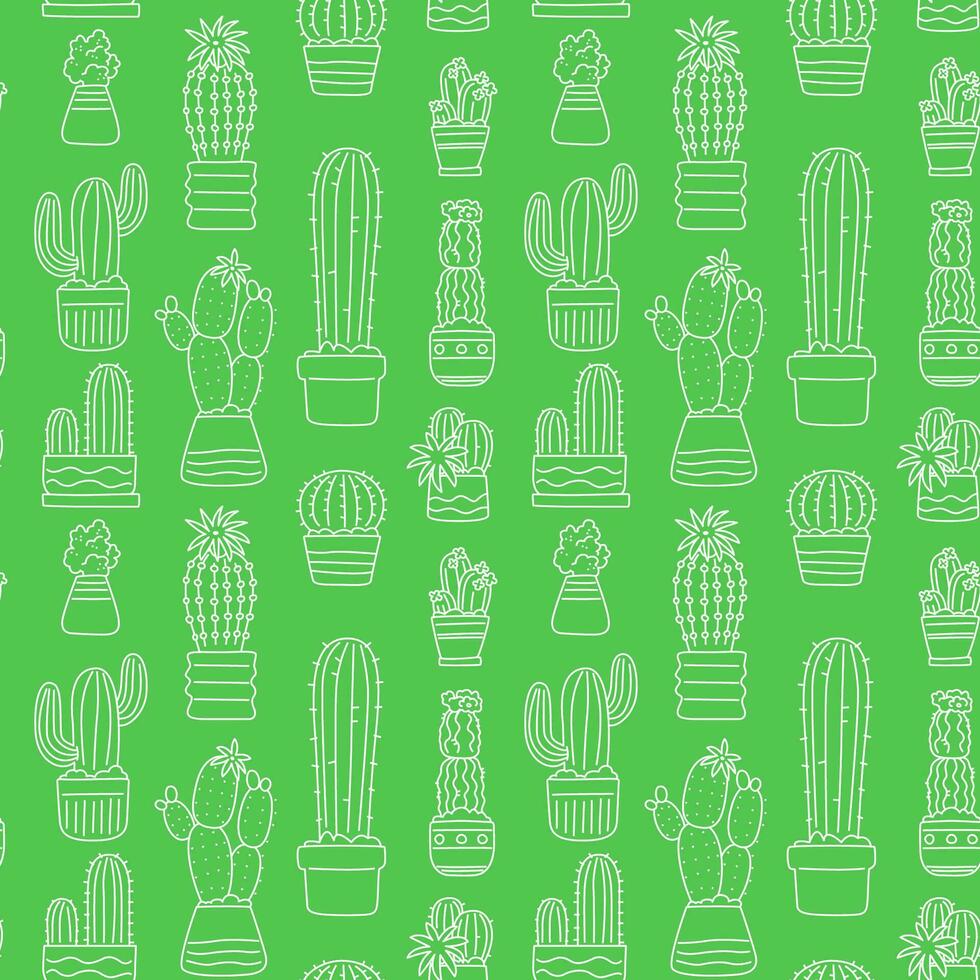 Seamless pattern with various doodle potted cacti on a green background. vector