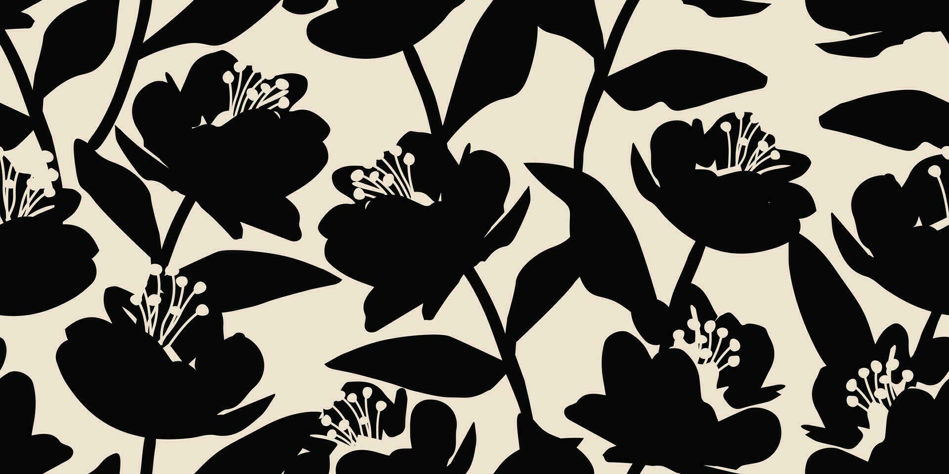 Flower seamless background. Minimalistic abstract floral pattern. Modern print in black and white background. Ideal for textile design, wallpaper, covers, cards, invitations and posters. vector