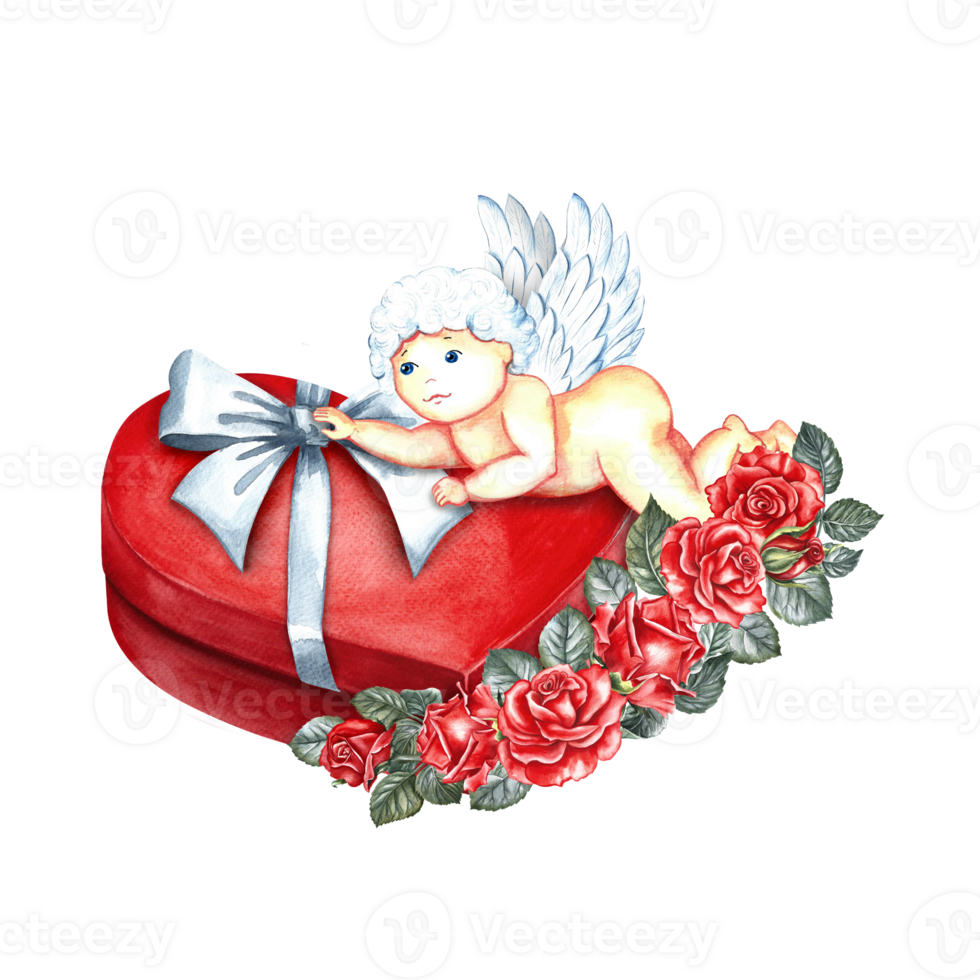 A red heart-shaped gift box with a white bow and a cupid decorated with roses. Hand-drawn watercolor illustration. For Valentine's Day, wedding. For packaging, leaflets, posters and banners, postcards png