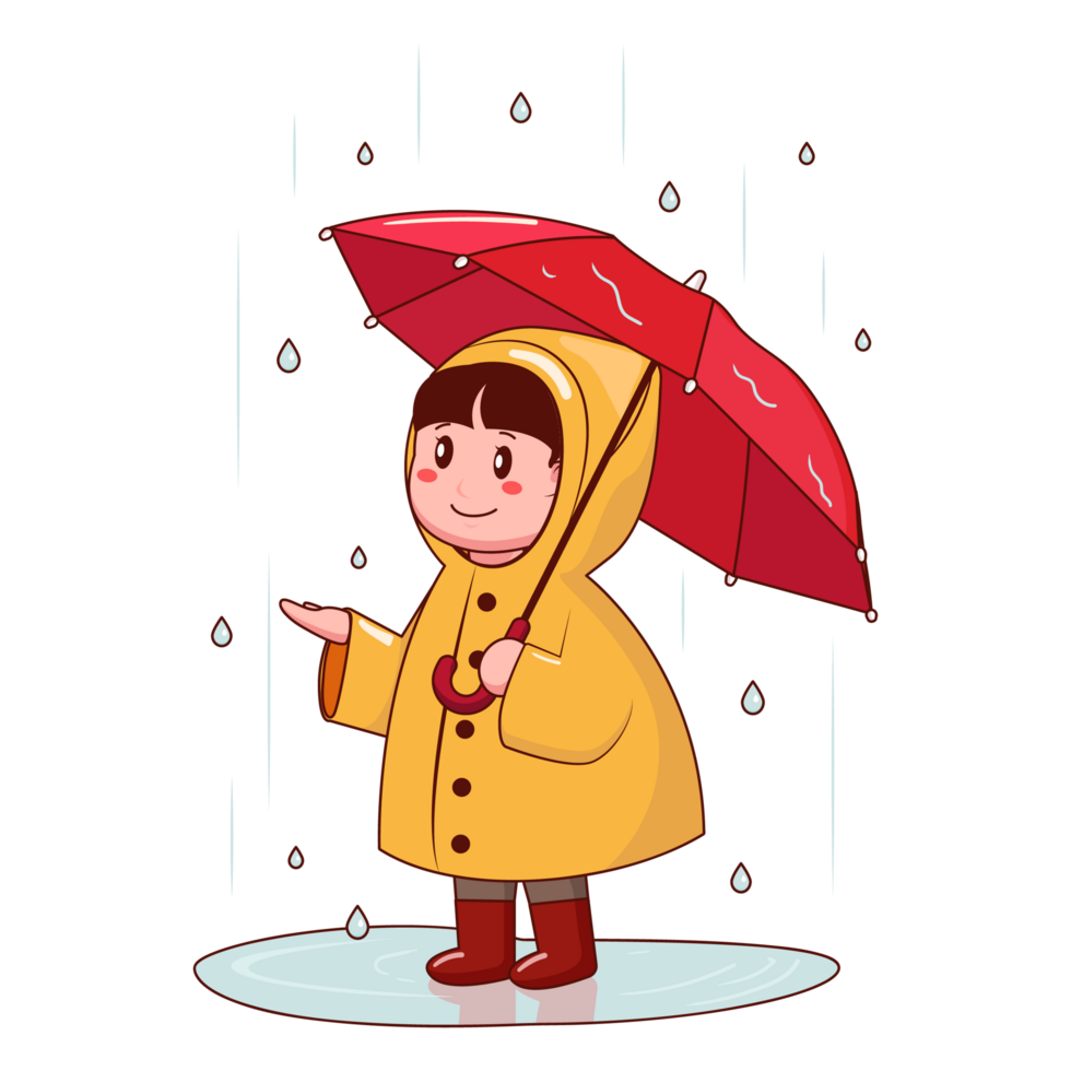 wenig Kind tragen ein Regenjacke und mit ein Regenschirm im Regen png