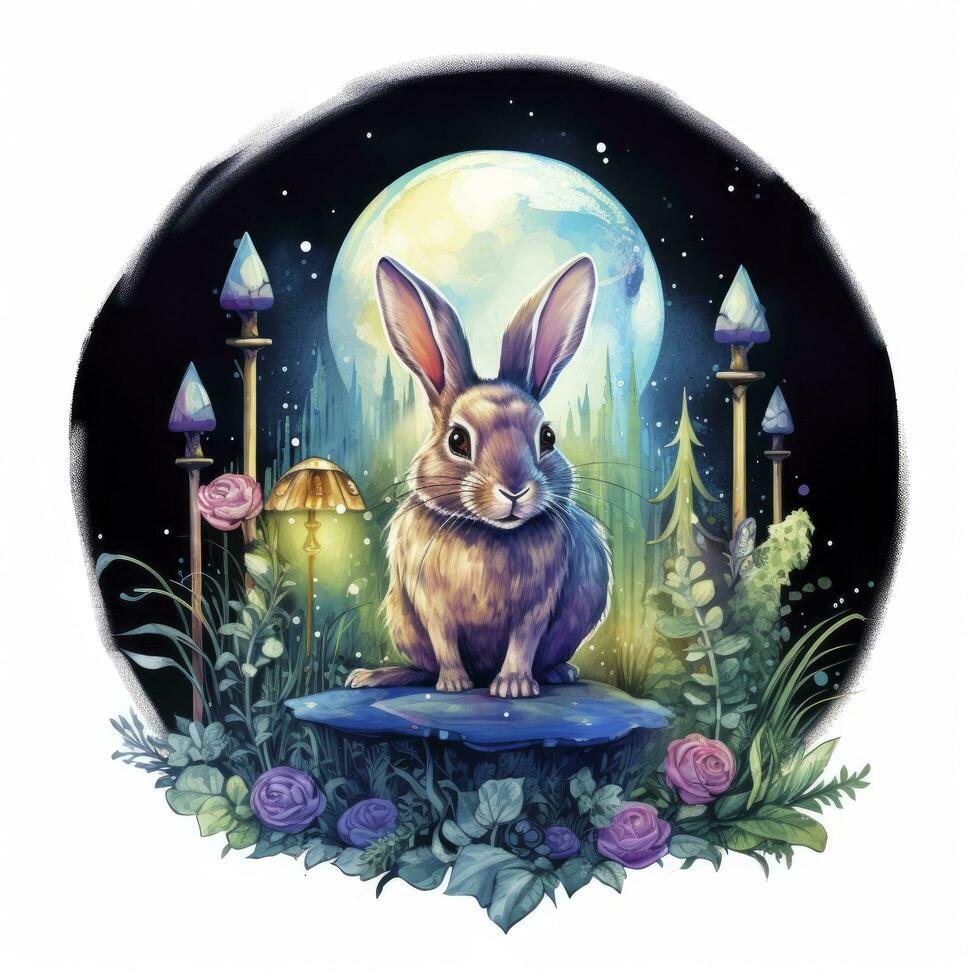 AI generated Watercolor Rabbit and Glowing Moon for T-shirt Design. AI Generated photo