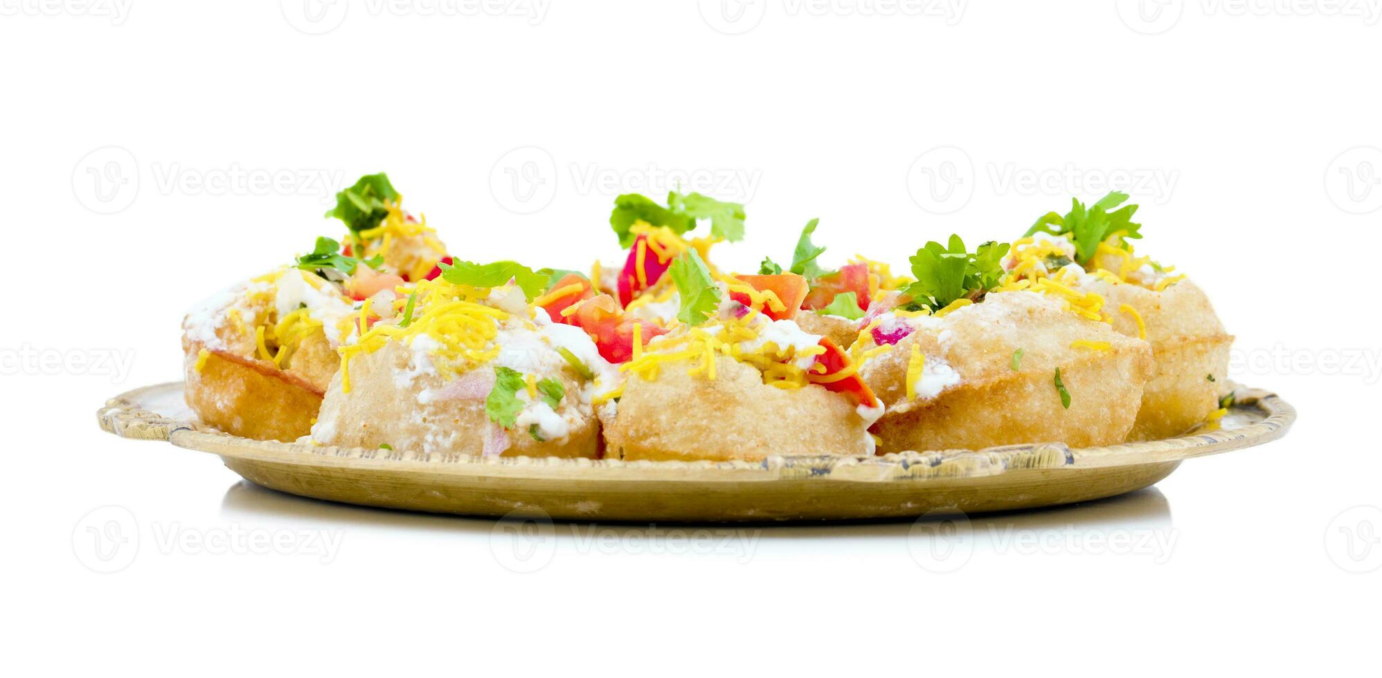 Indian Sweet And Spicy Chaat item Dahi Puri on White Background photo