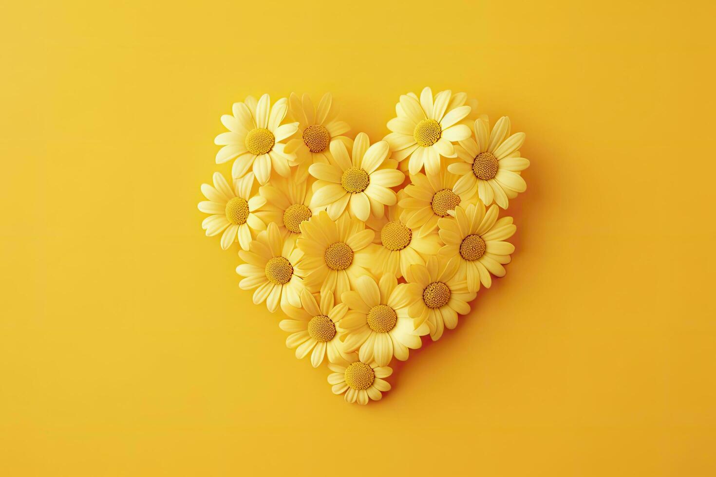 AI generated Yellow Heart Shaped By Yellow Daisies Over Yellow Background. AI Generated photo