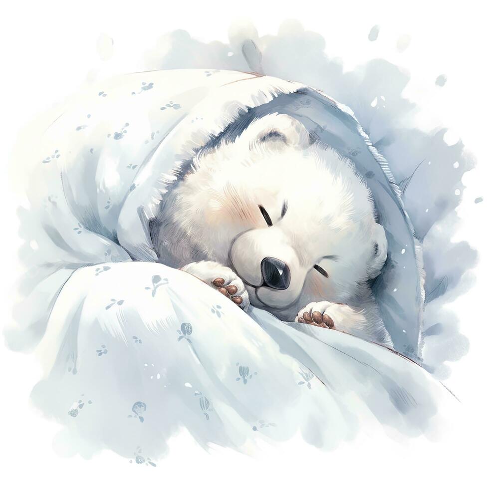 AI generated A sleepy baby white bear in bedding. watercolor illustrations. AI Generated photo