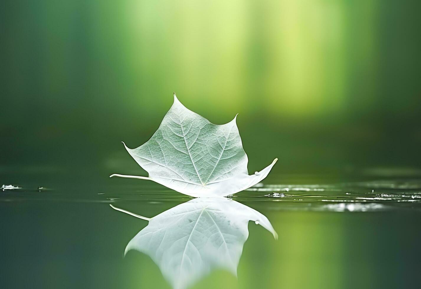 AI generated White transparent leaf on mirror surface with reflection on green background macro. Generative AI photo