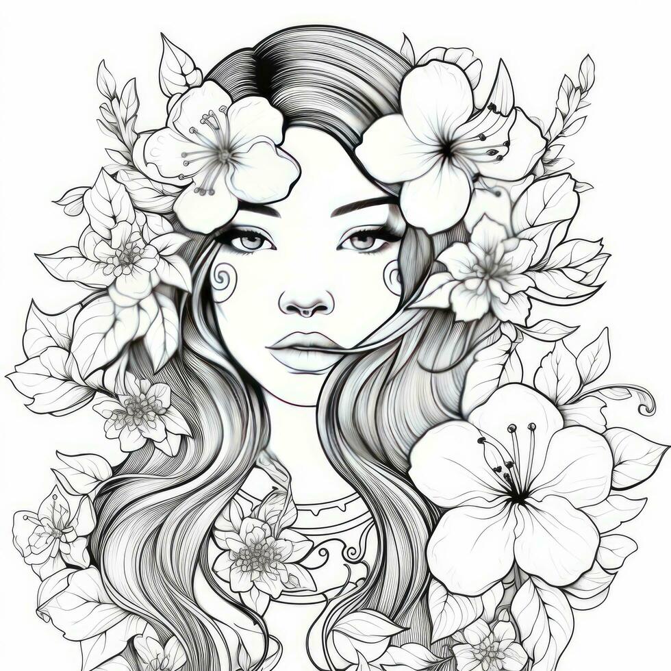 AI generated A girl on a coloring book page with Jasmine flowers. AI Generated photo
