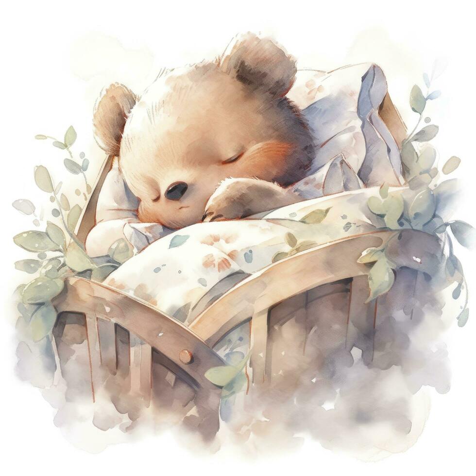 AI generated A sleepy baby bear in a bedding. watercolor illustration. AI Generated photo