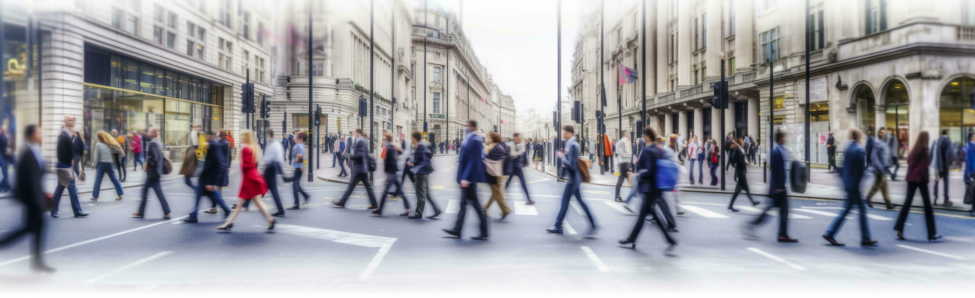 AI generated Walking people blur. Lots of people walk in the City of London. Wide panoramic view of people crossing the road. AI Generated photo