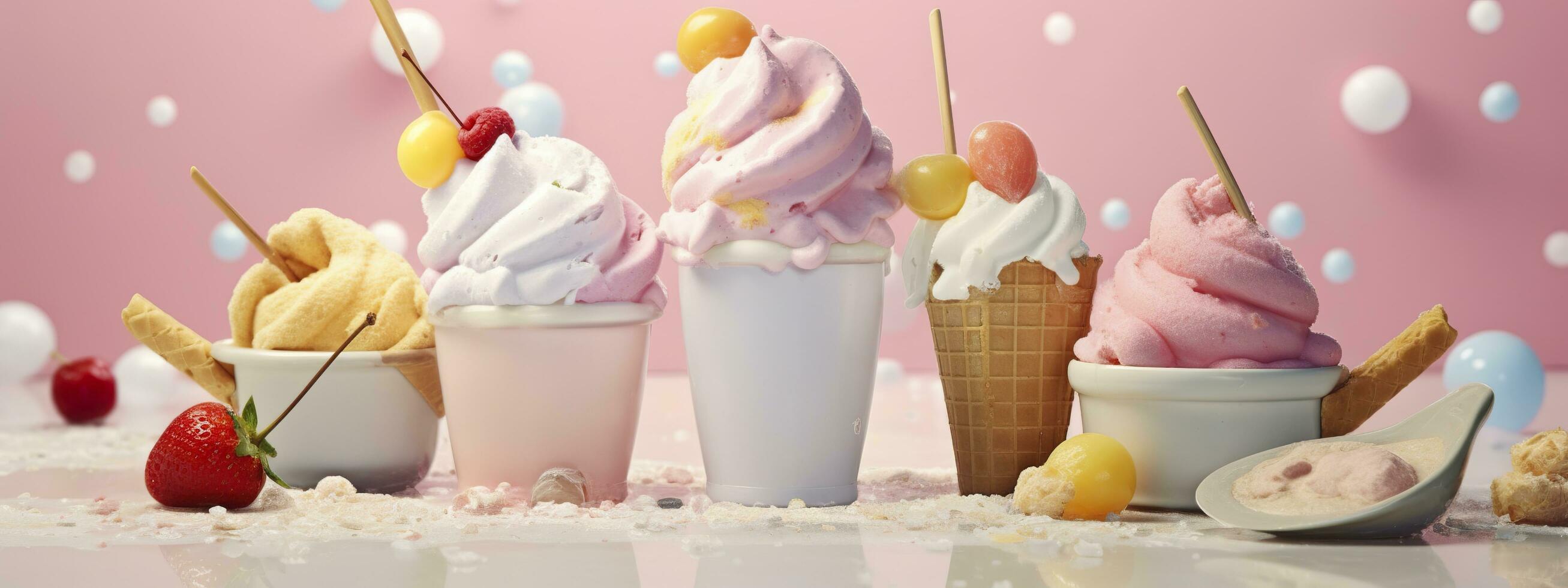 AI generated Banner with ice cream in a waffle cone on a summer day. Generative AI photo