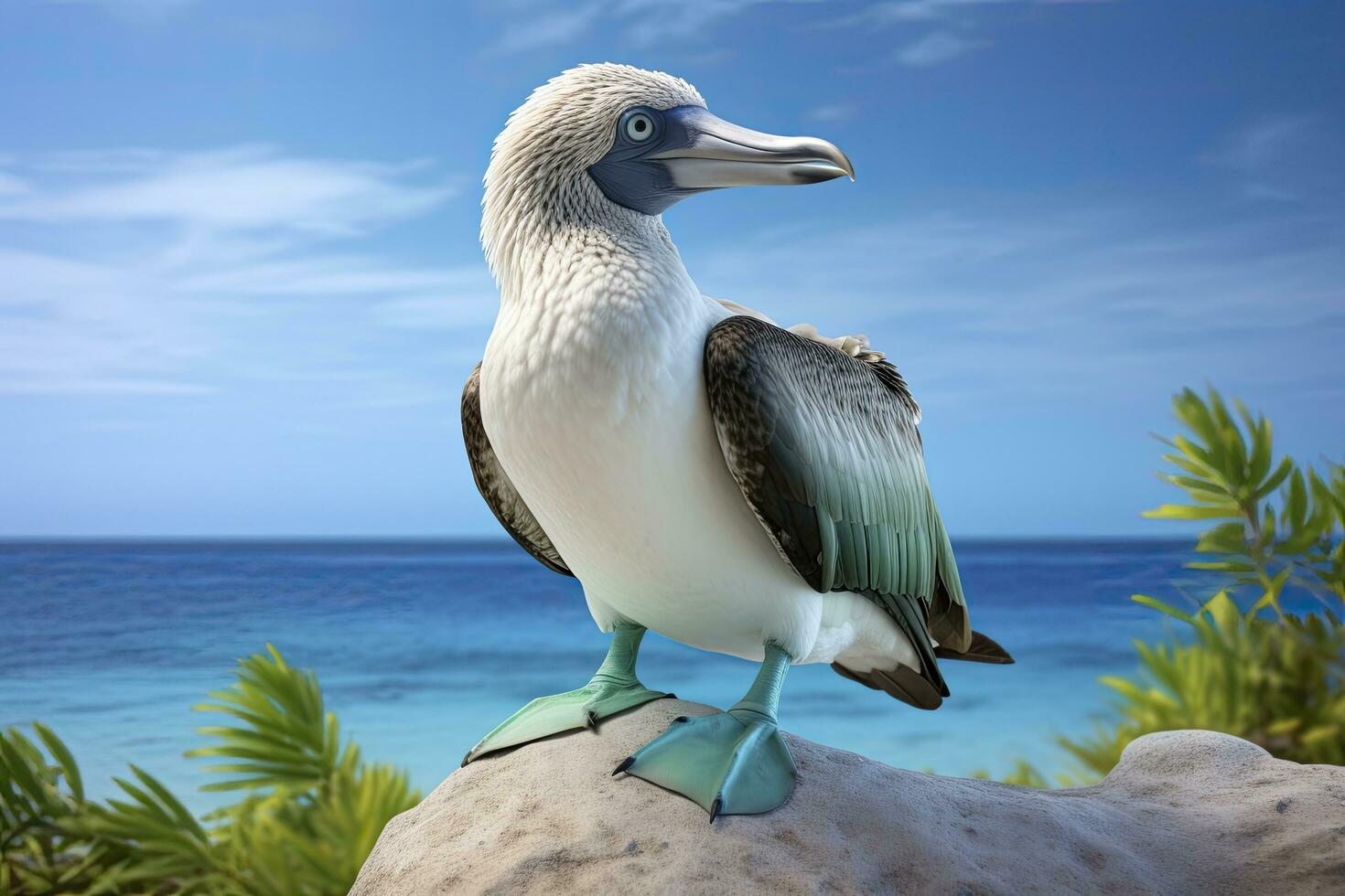 AI generated The rare blue-footed booby rests on the beach. AI Generated photo