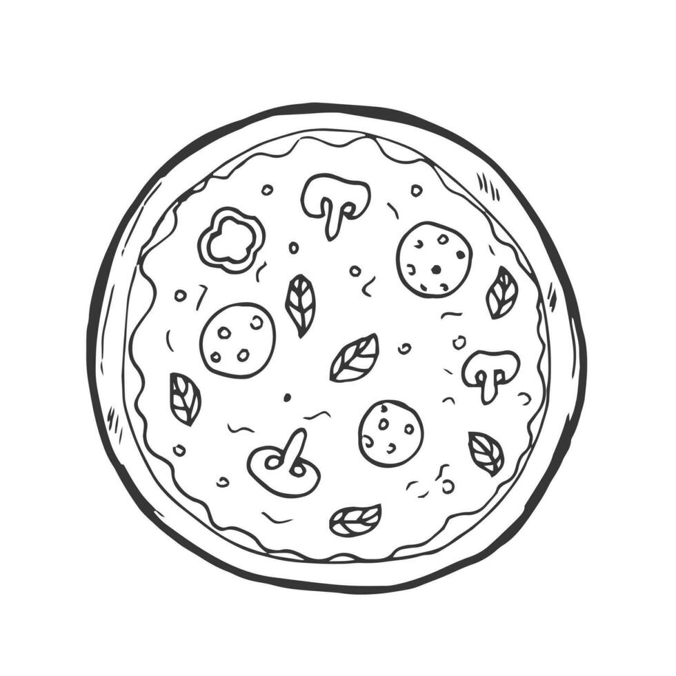 Pepperoni pizza whole round Hand drawn doodle sketch isolated on white background line Vector illustration