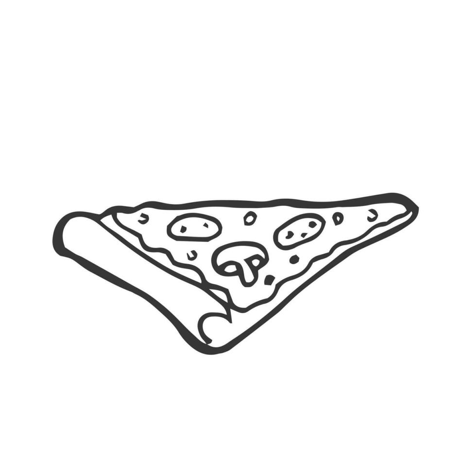 Vector illustration. Pizza slice with melted cheese and pepperoni. Hand drawn doodle. Cartoon sketch.