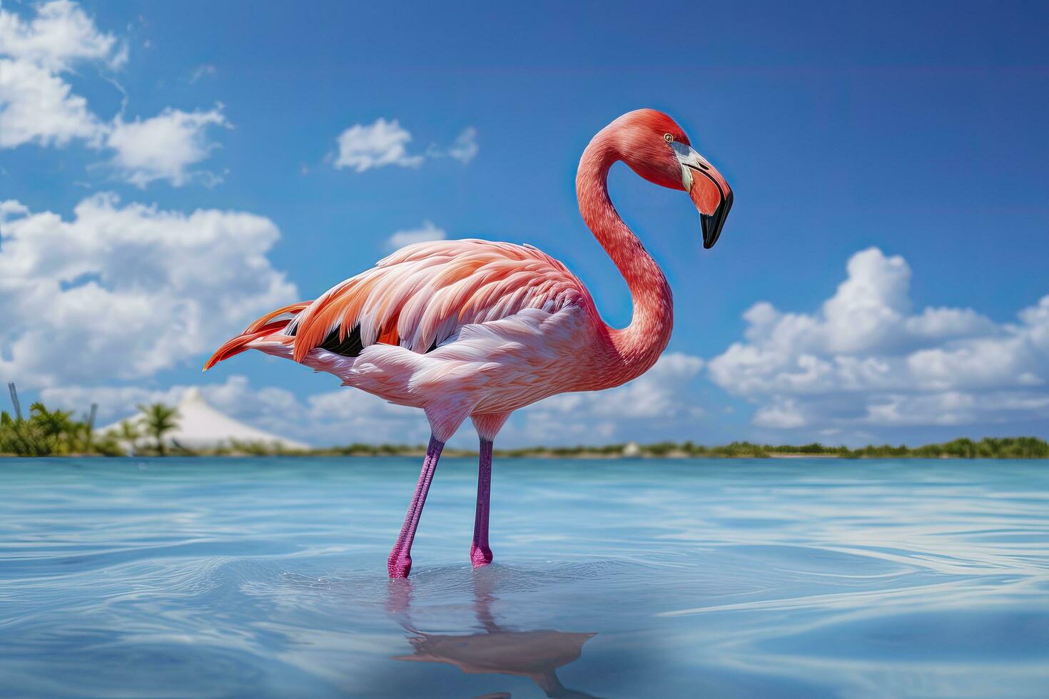AI generated Pink Flamingo in the water. AI Generated photo