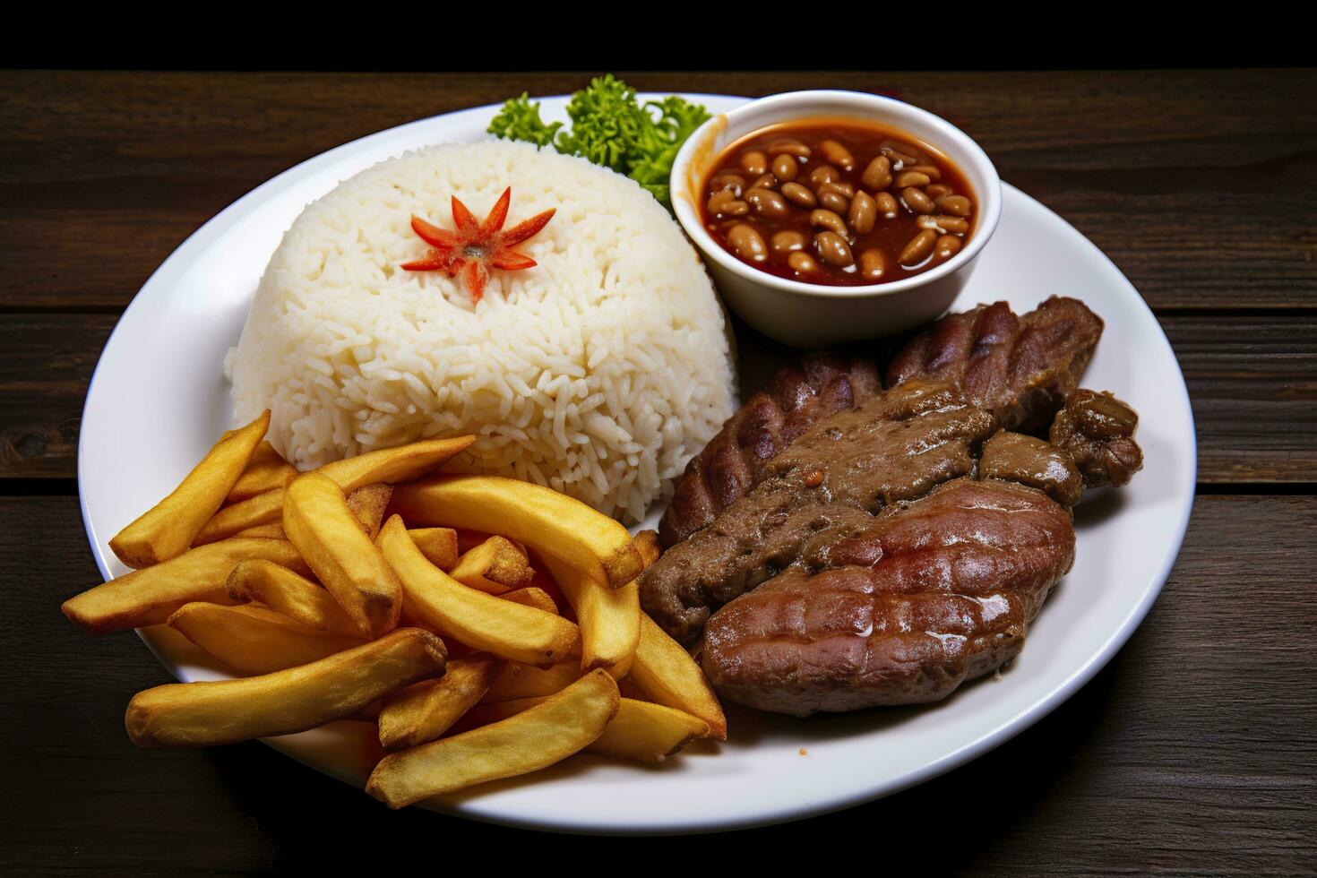 ai generado arroz, frijoles, francés papas fritas, y carne. generativo ai foto