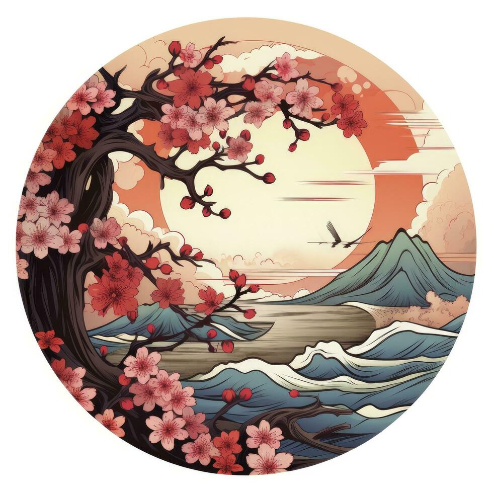 AI generated Cherry blossoms in the sunset background. Japanese tattoo style. AI Generated photo