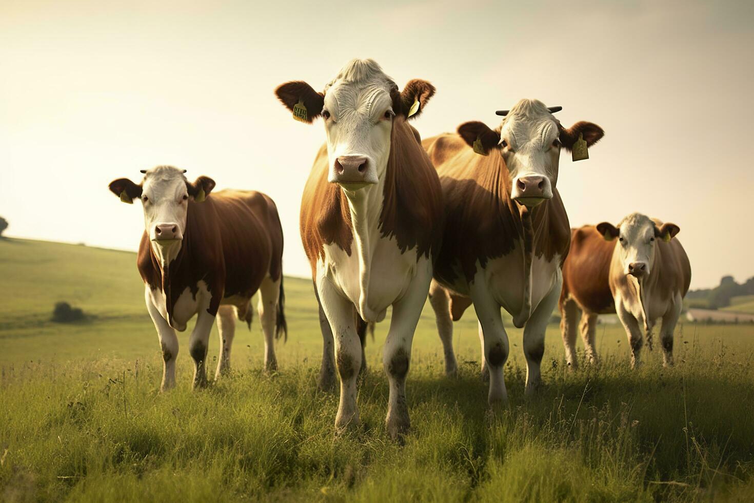 AI generated Group of cows standing in a grassy field. AI Generated photo