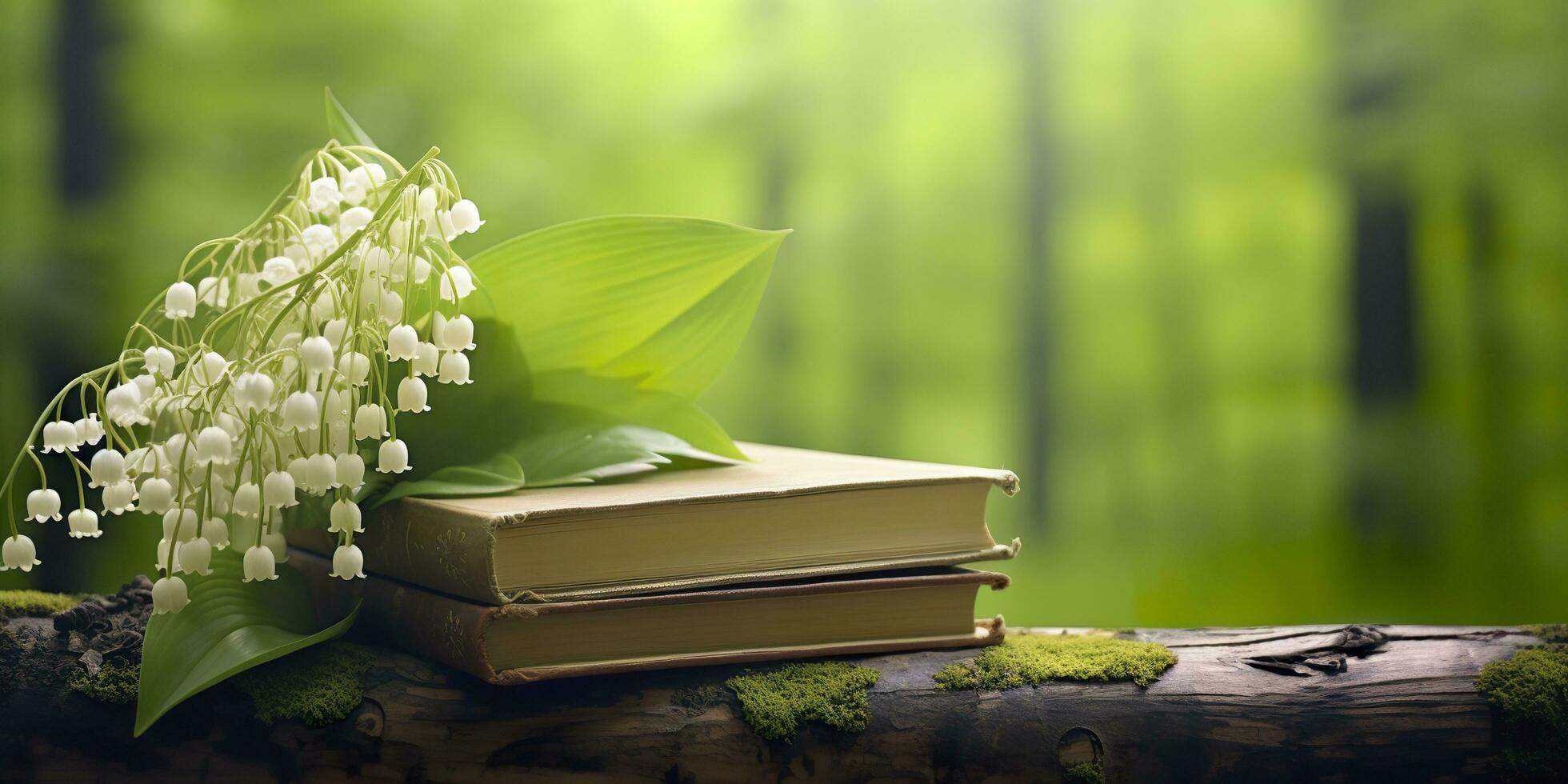 AI generated Lily of the Valley flowers and old books in the forest, green natural background. AI Generated photo