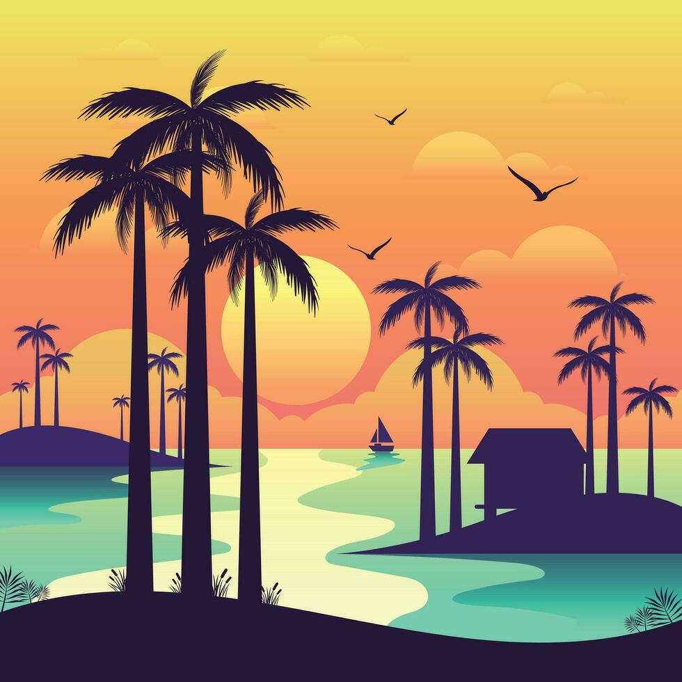 Gradient beach sunset landscape with palm tree background vector