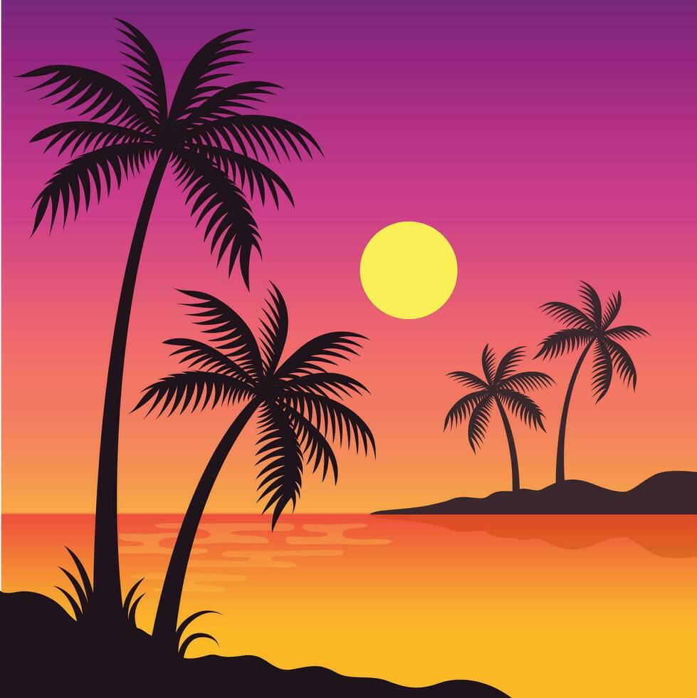 Gradient beach sunset landscape with palm tree background vector