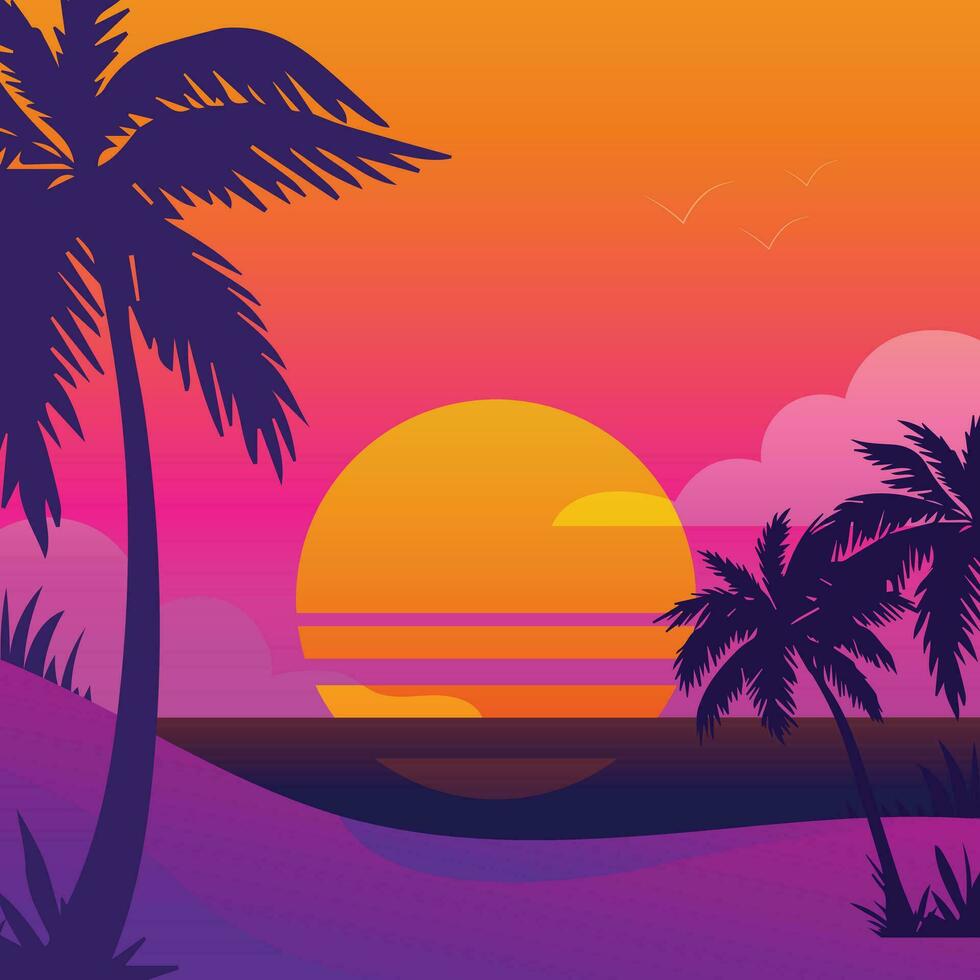 degradado playa puesta de sol paisaje con palma árbol antecedentes vector