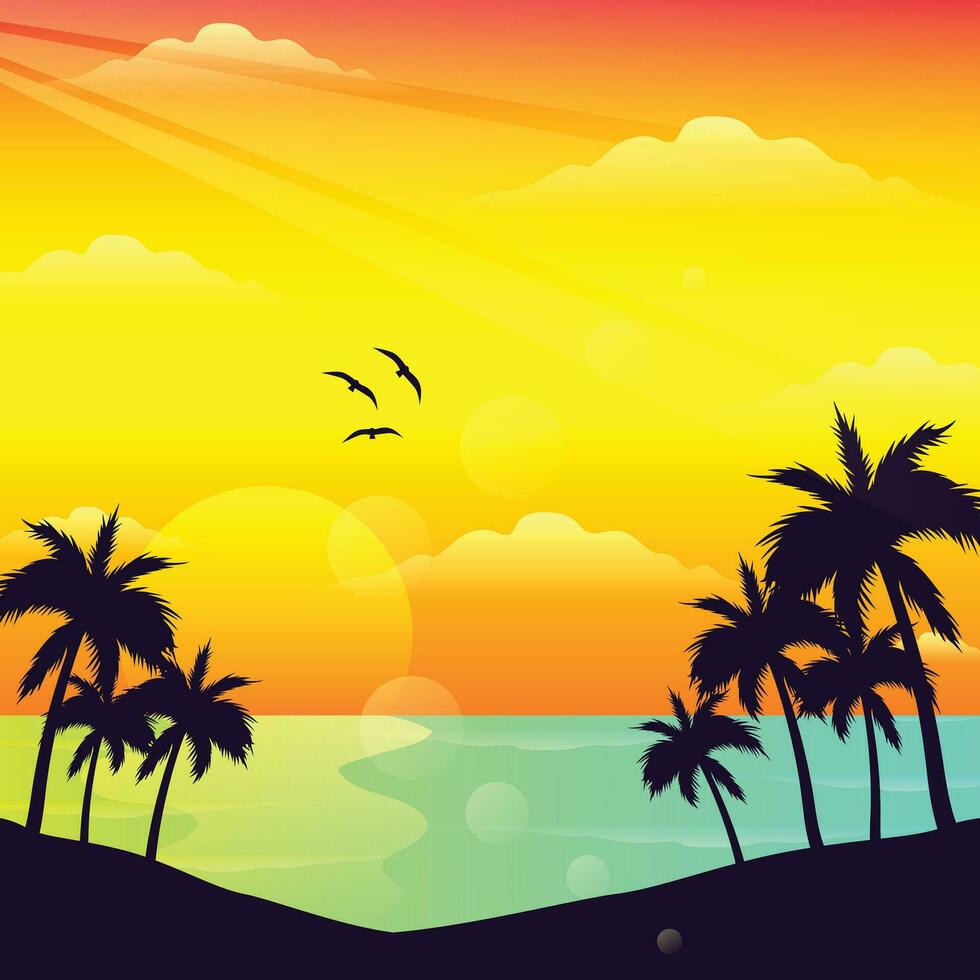 degradado playa puesta de sol paisaje con palma árbol antecedentes vector