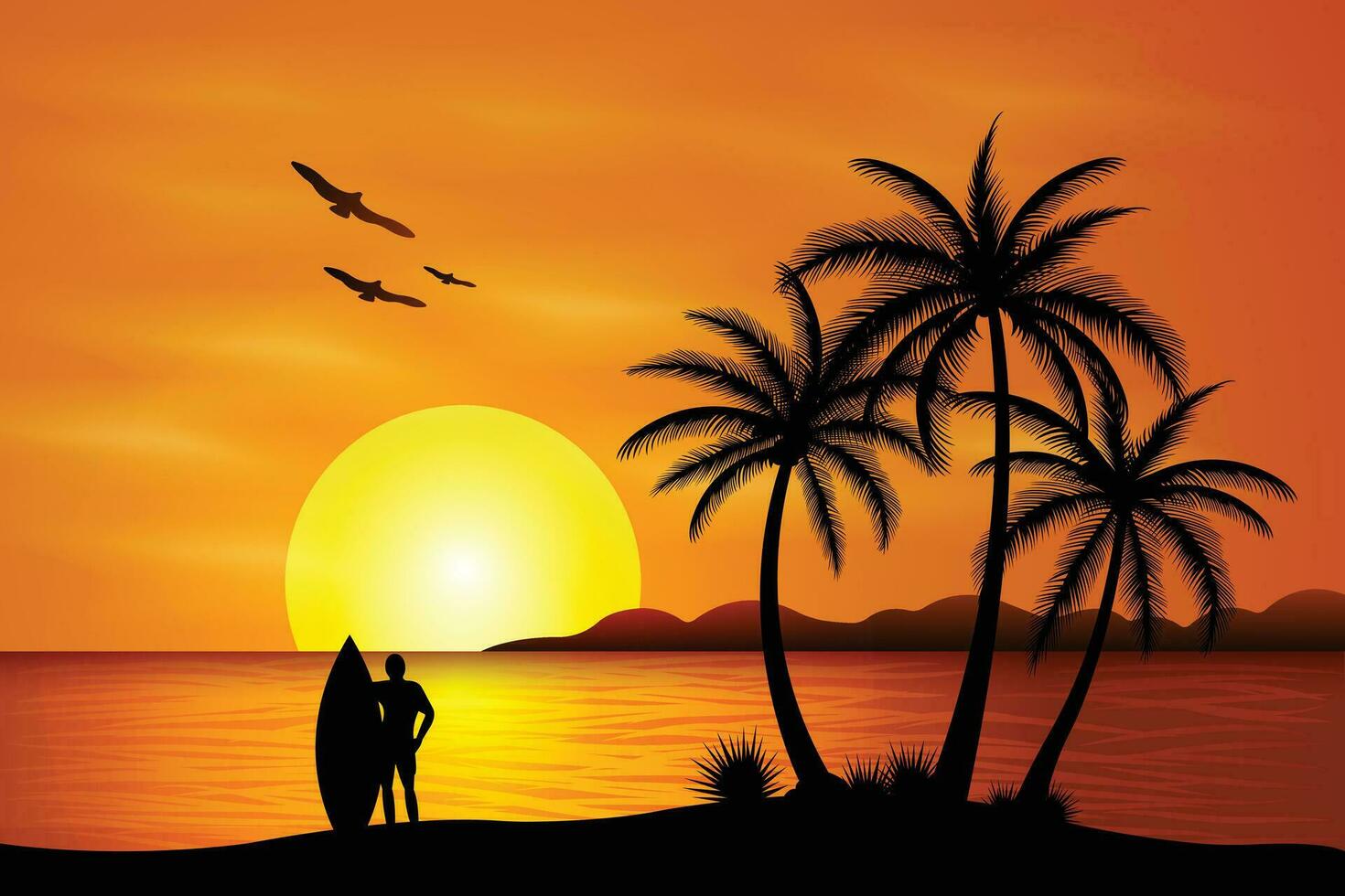 Gradient beach sunset landscape with palm tree background vector