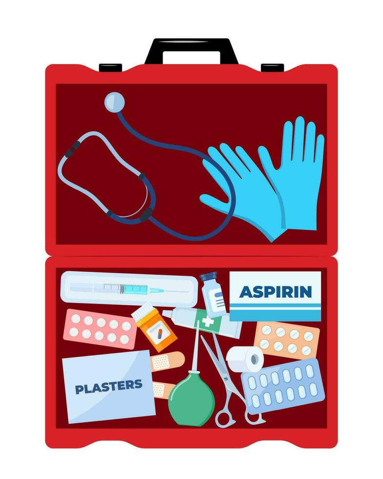 First Aid Kit for ambulance emergency, vehicle, office, travel. Medical help items. Plasters, pills, bandage, aspirin, thermometer. Elements for medical infographics. Vector illustration.