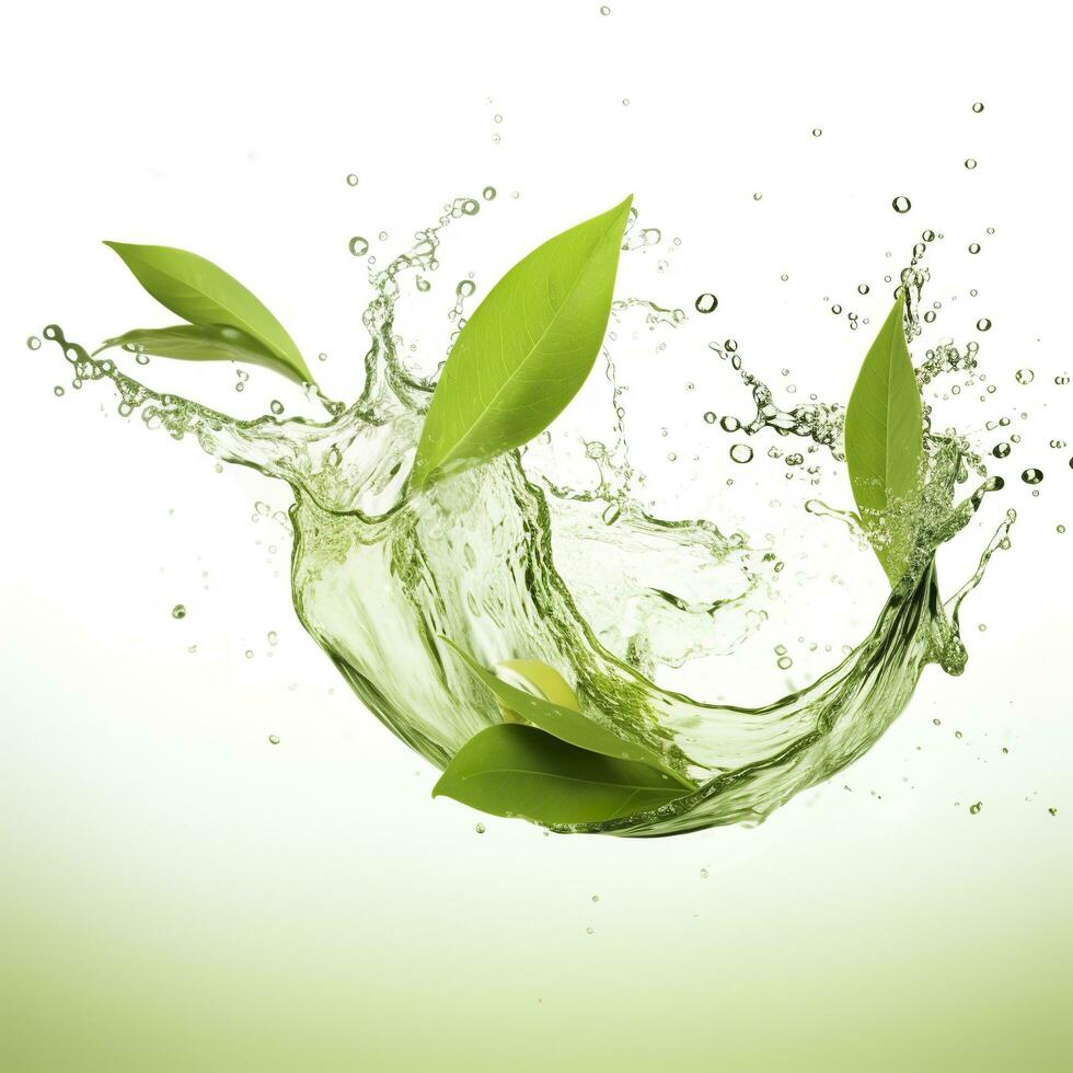 AI generated Green herbal tea wave splash with leaves flow. AI Generated photo