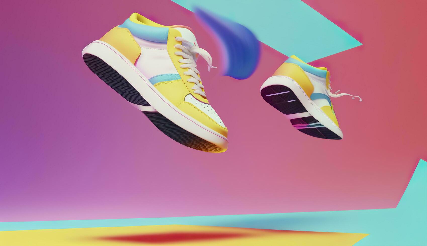 AI generated Flying trendy sneakers on creative colorful background, Stylish fashionable concept. AI Generated photo