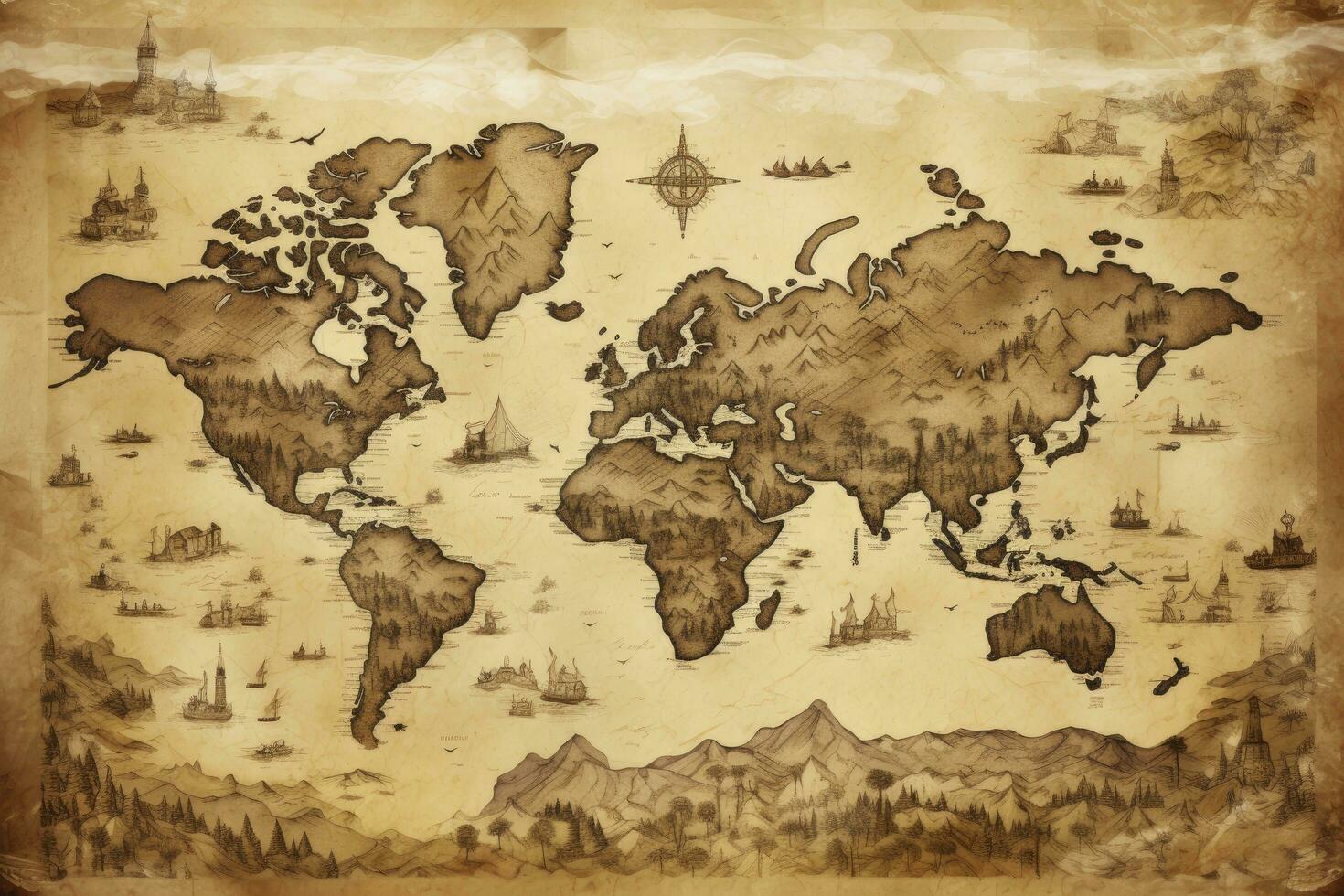 AI generated Great detailed illustration of the world map in vintage style. AI Generated photo