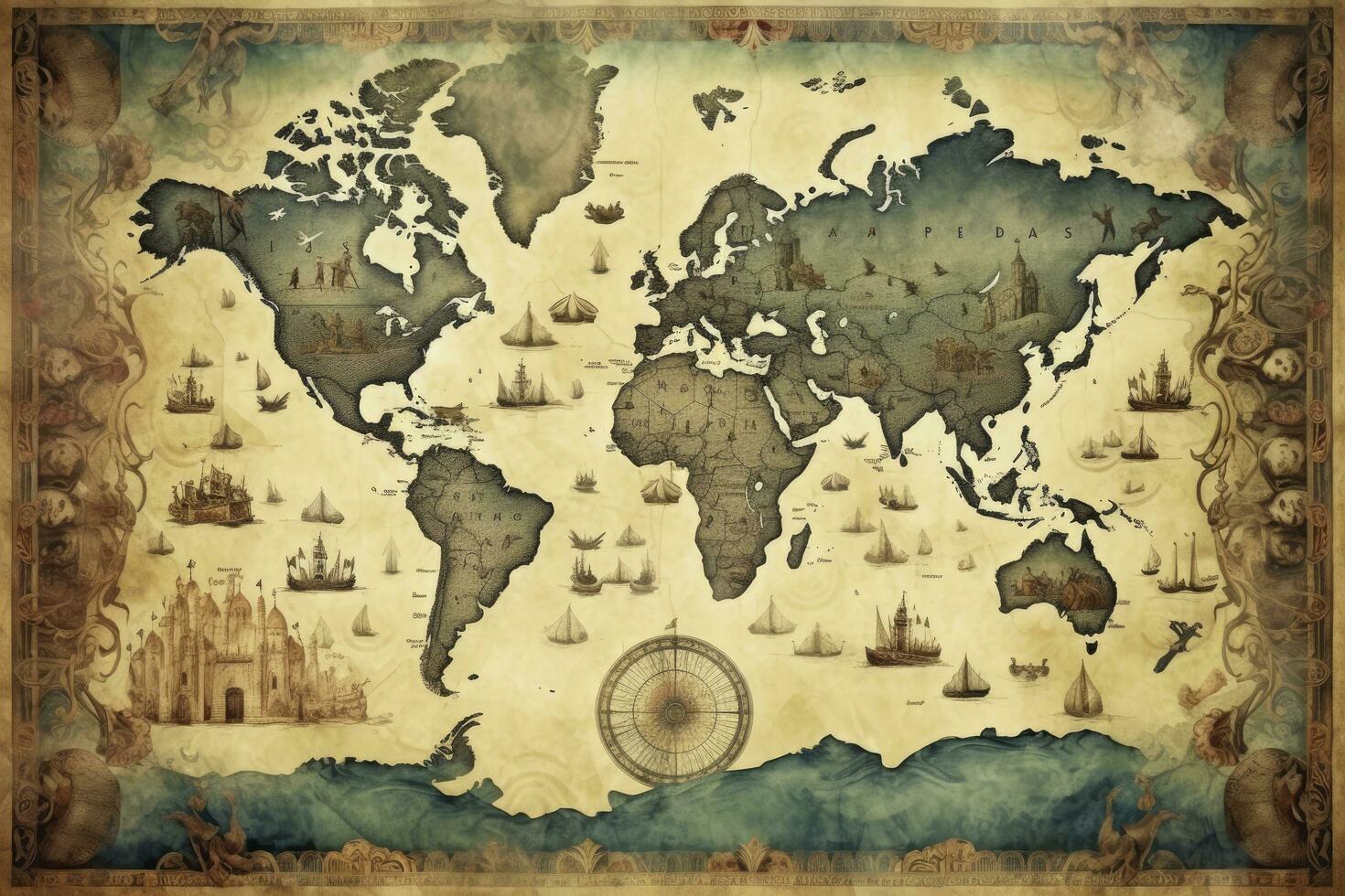 AI generated Great detailed illustration of the world map in vintage style. AI Generated photo