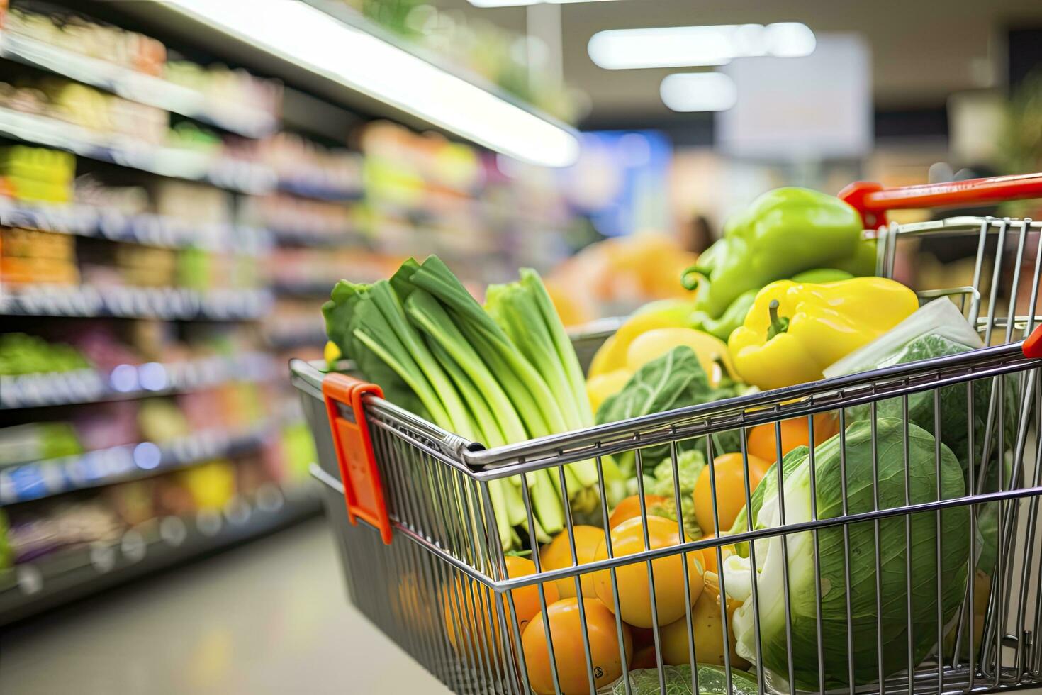 AI generated Close up of full shopping cart in grocery store. AI Generated photo