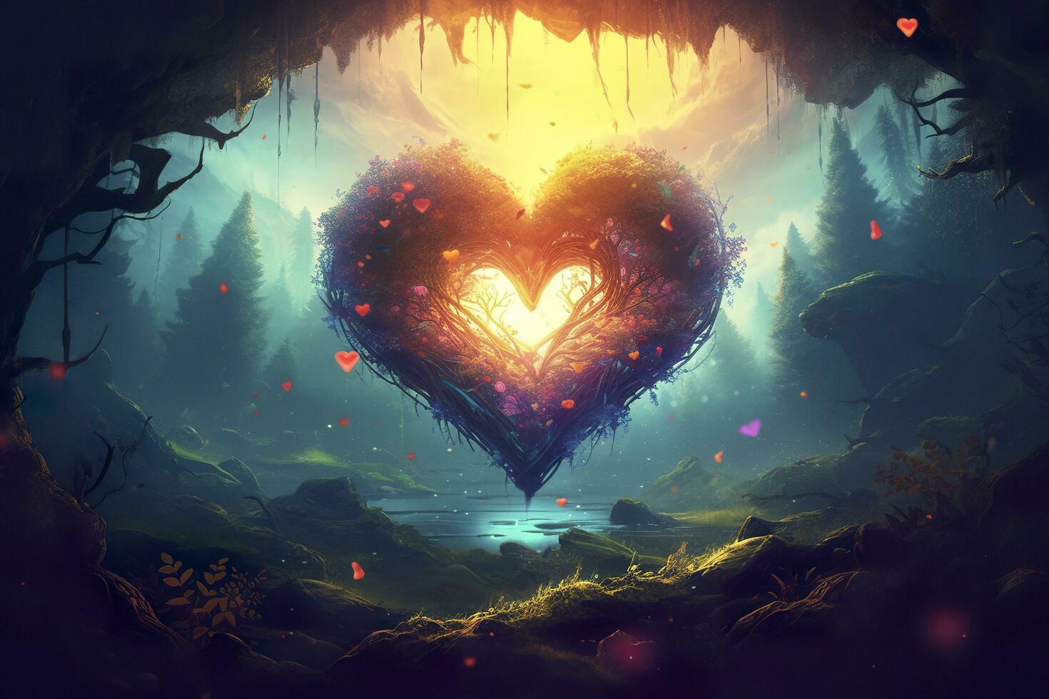 AI generated Colorful fantasy heart, light beam, green forest field. Generative AI photo