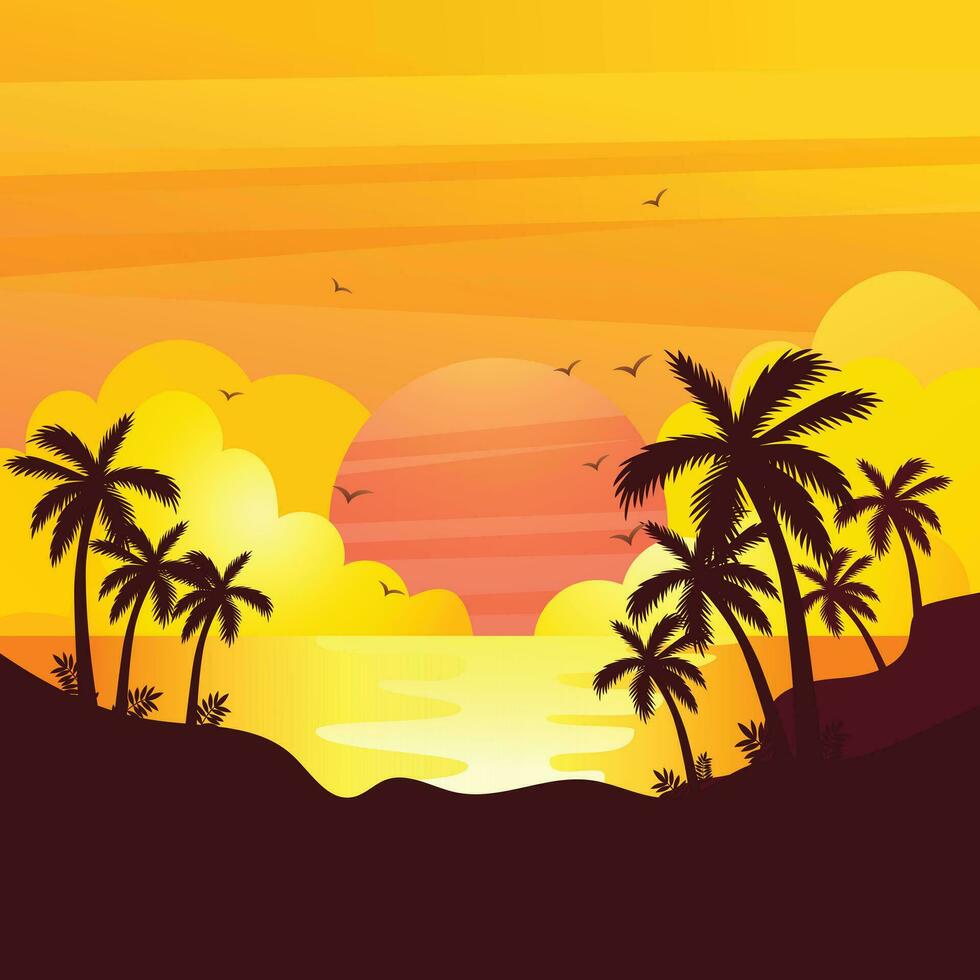 Gradient beach sunset landscape with palm tree background vector