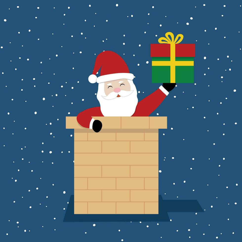 Happy Cute Santa Claus is getting into the chimney on snowy background. Flat vector illustration in cartoon style. Character for Christmas and Happy new year concept.