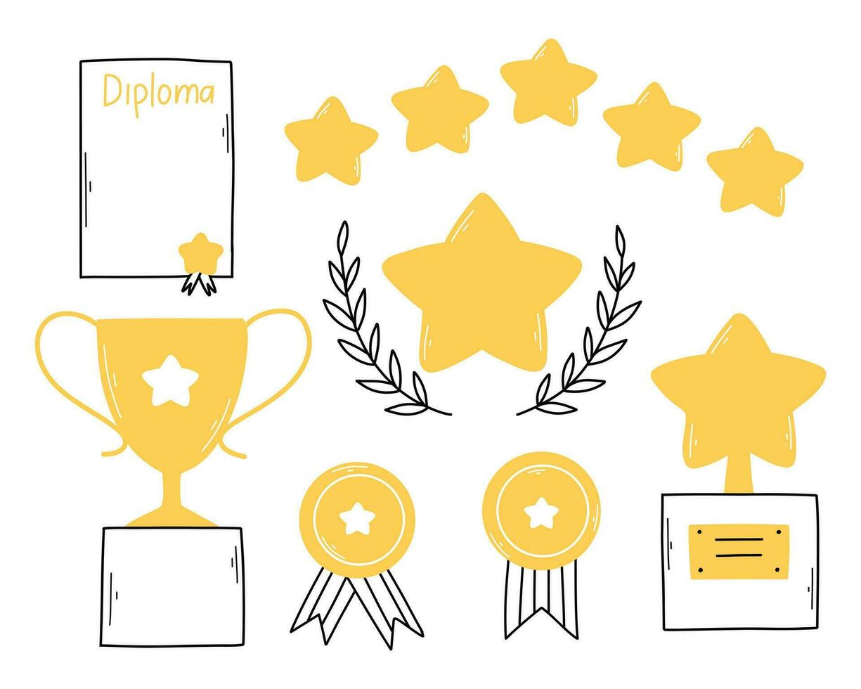Set of premium awards icons in doodle style. Vector illustration. Linear awards, trophies, cups and diplomas.