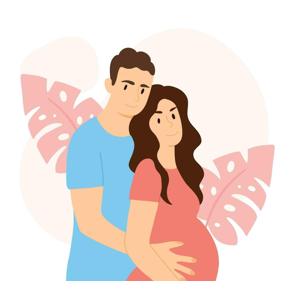 contento familia esperando un niño. vector ilustración de marido y embarazada esposa. bebé esperando concepto.