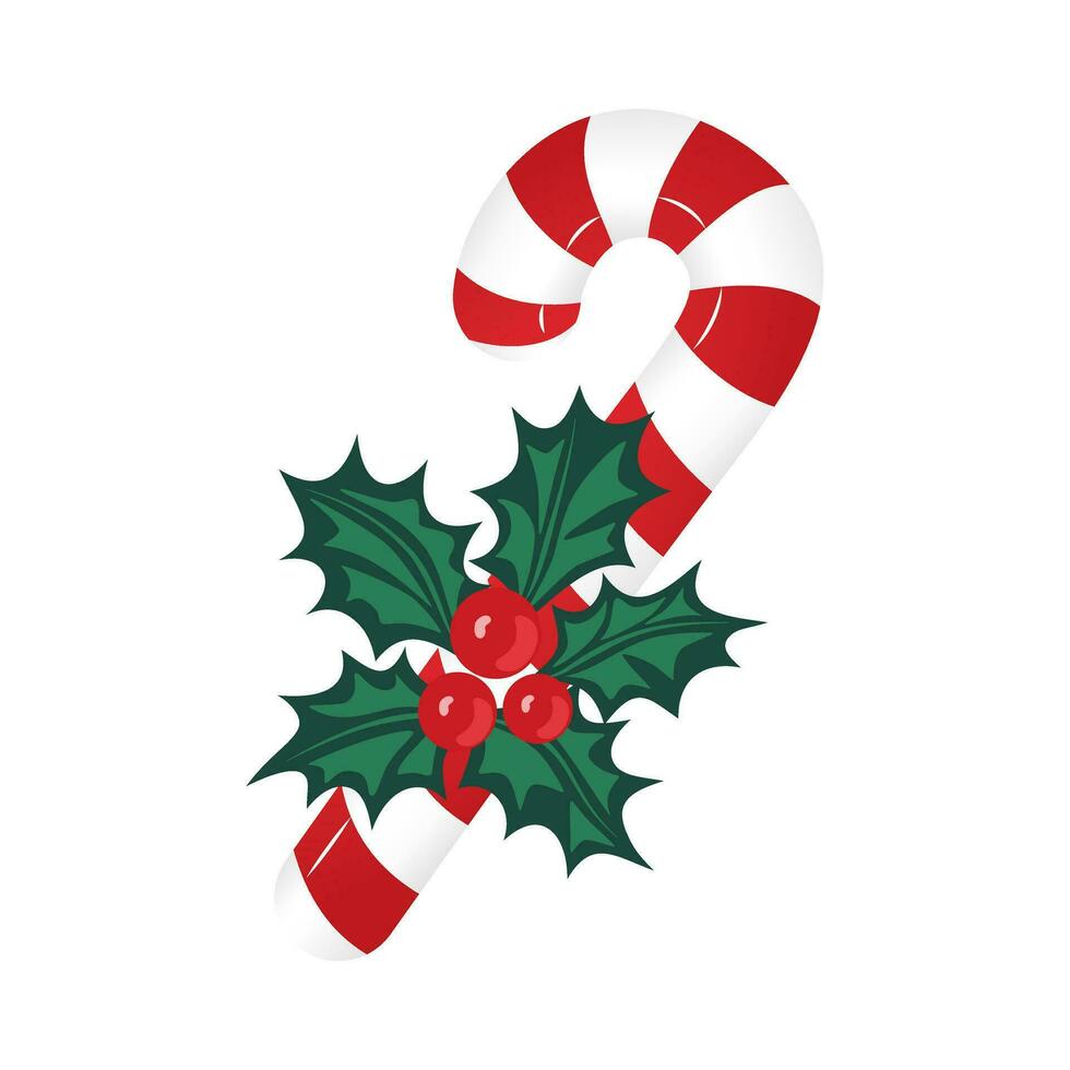 Navidad caramelo caña decorado con acebo bayas. un dulce tratar para Navidad y nuevo año. vector ilustración.