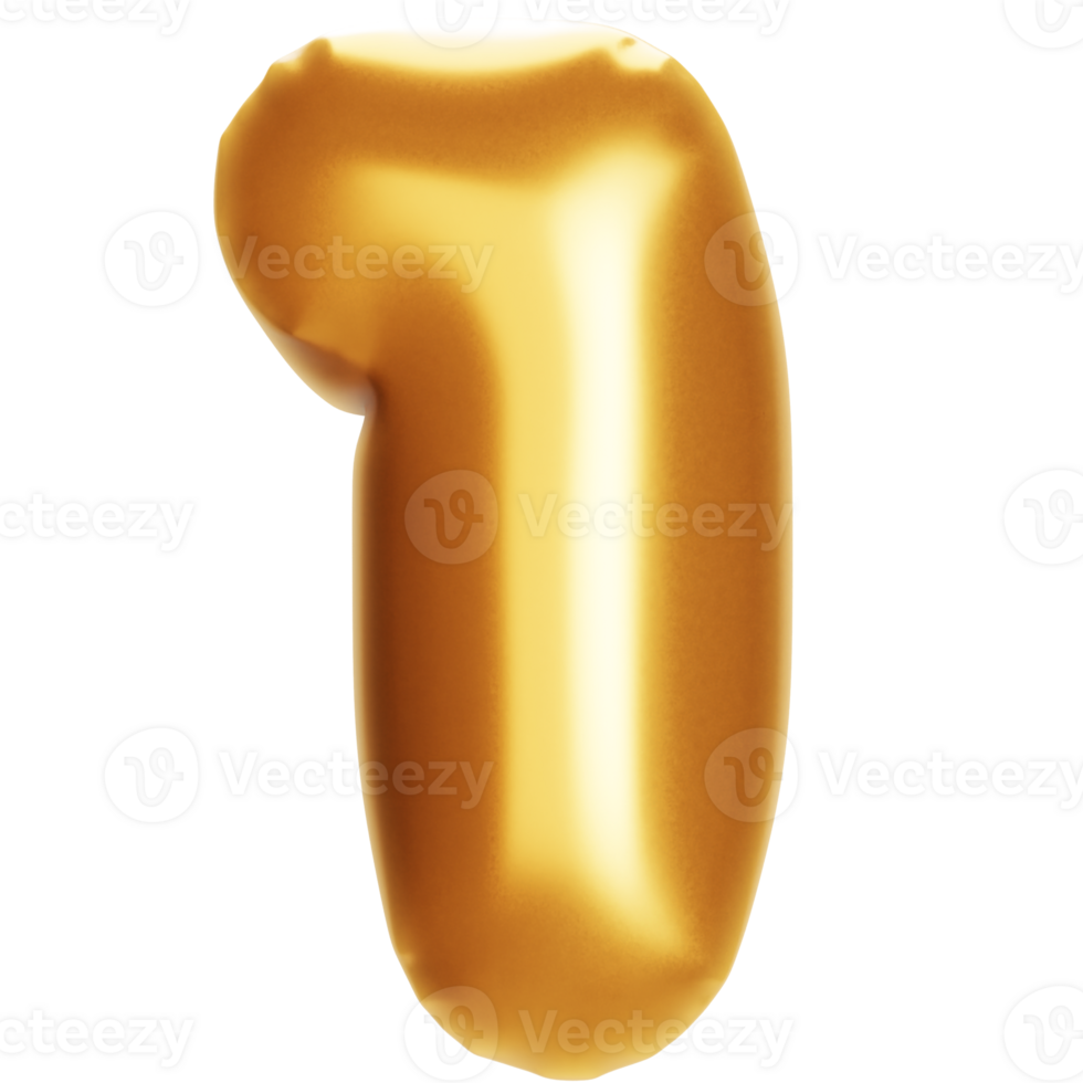 golden balloon number one on png transparent background. for advertisement and sale discount, realistic 3d render.