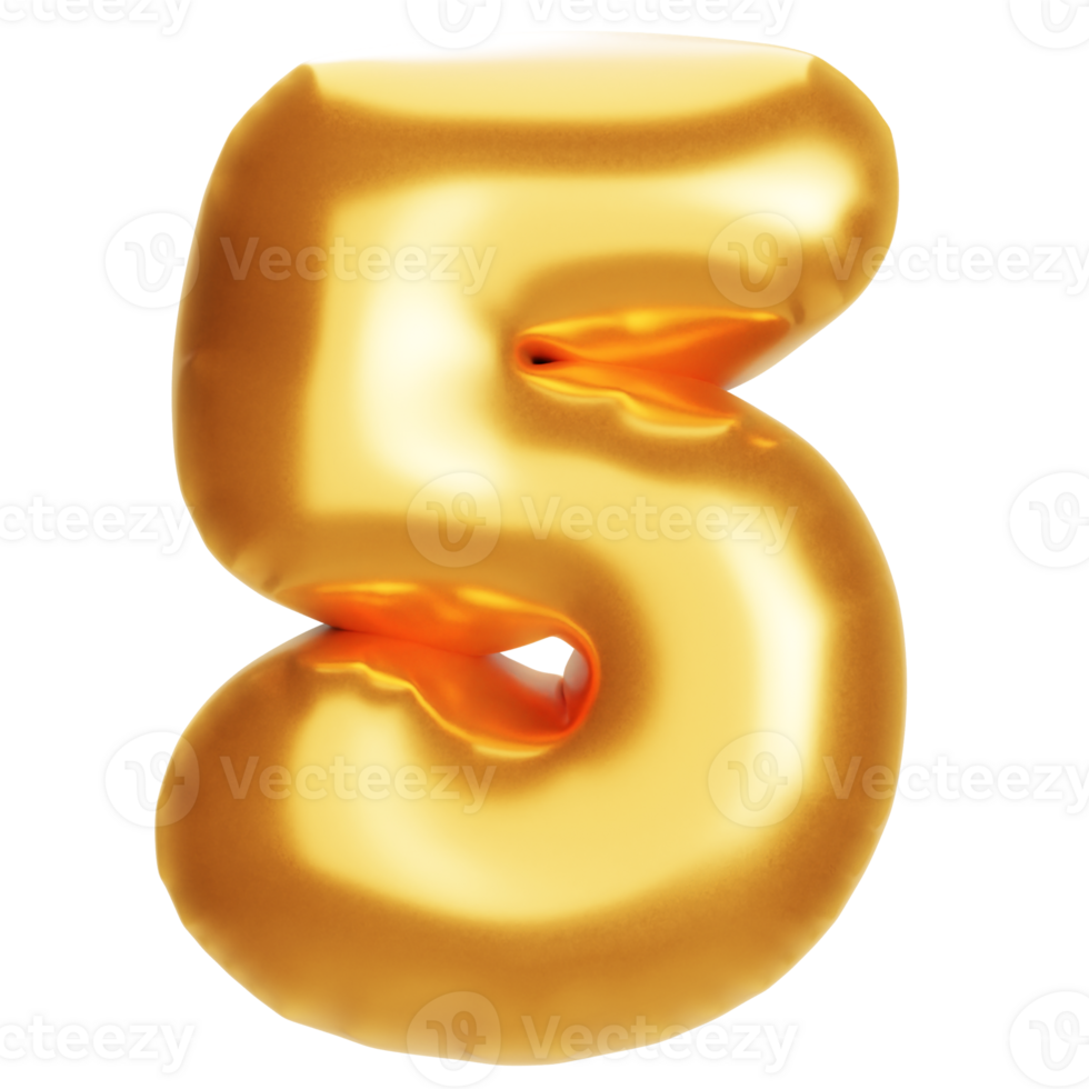 golden balloon number five on png transparent background. for advertisement and sale discount, realistic 3d render.