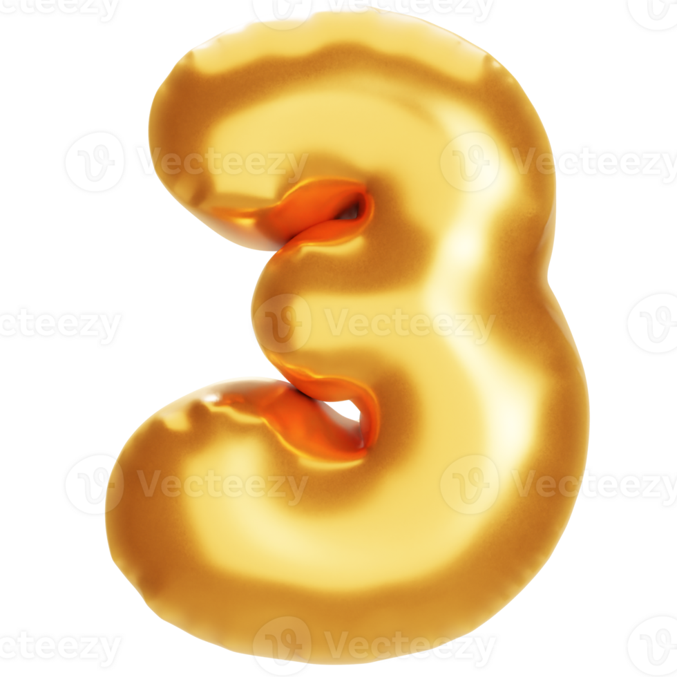 golden balloon number three on png transparent background. for advertisement and sale discount, realistic 3d render.