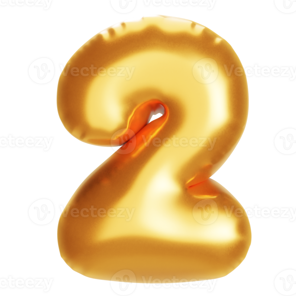 golden balloon number two on png transparent background. for advertisement and sale discount, realistic 3d render.