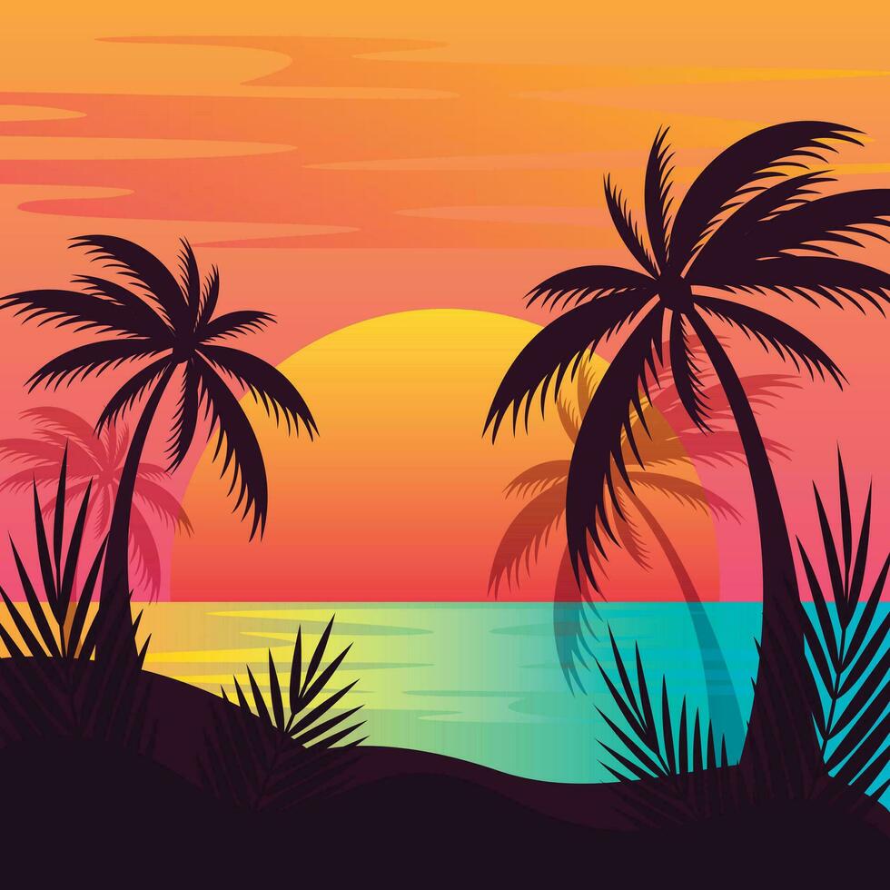 Gradient beach sunset landscape with palm tree background vector